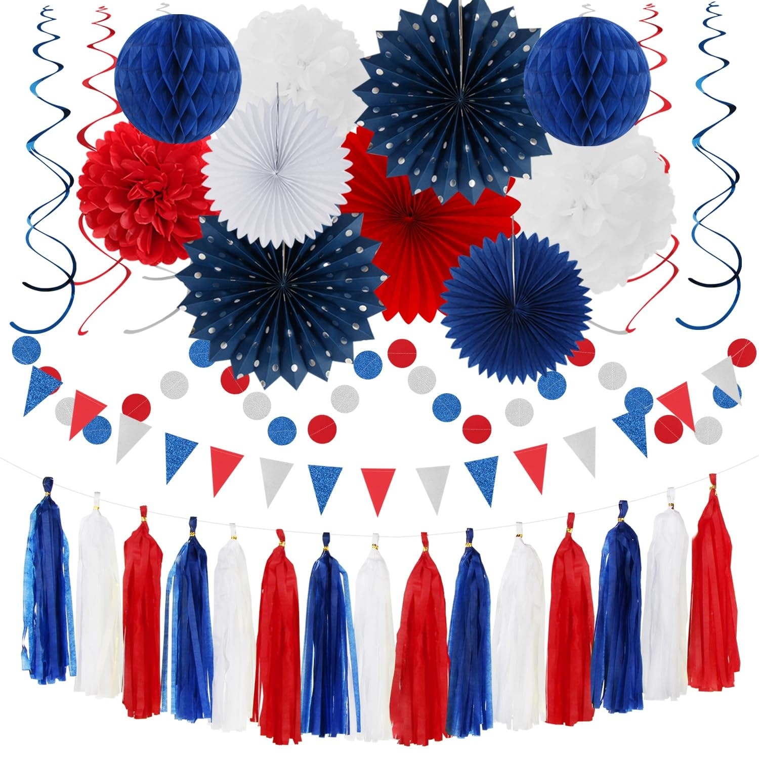 Anqtovp  Patriotic Party Decorations Kit 31pcs Red Blue White Silver Banner Streamers Garland Tissue Pom Poms Lantern Fan for Fourth of July