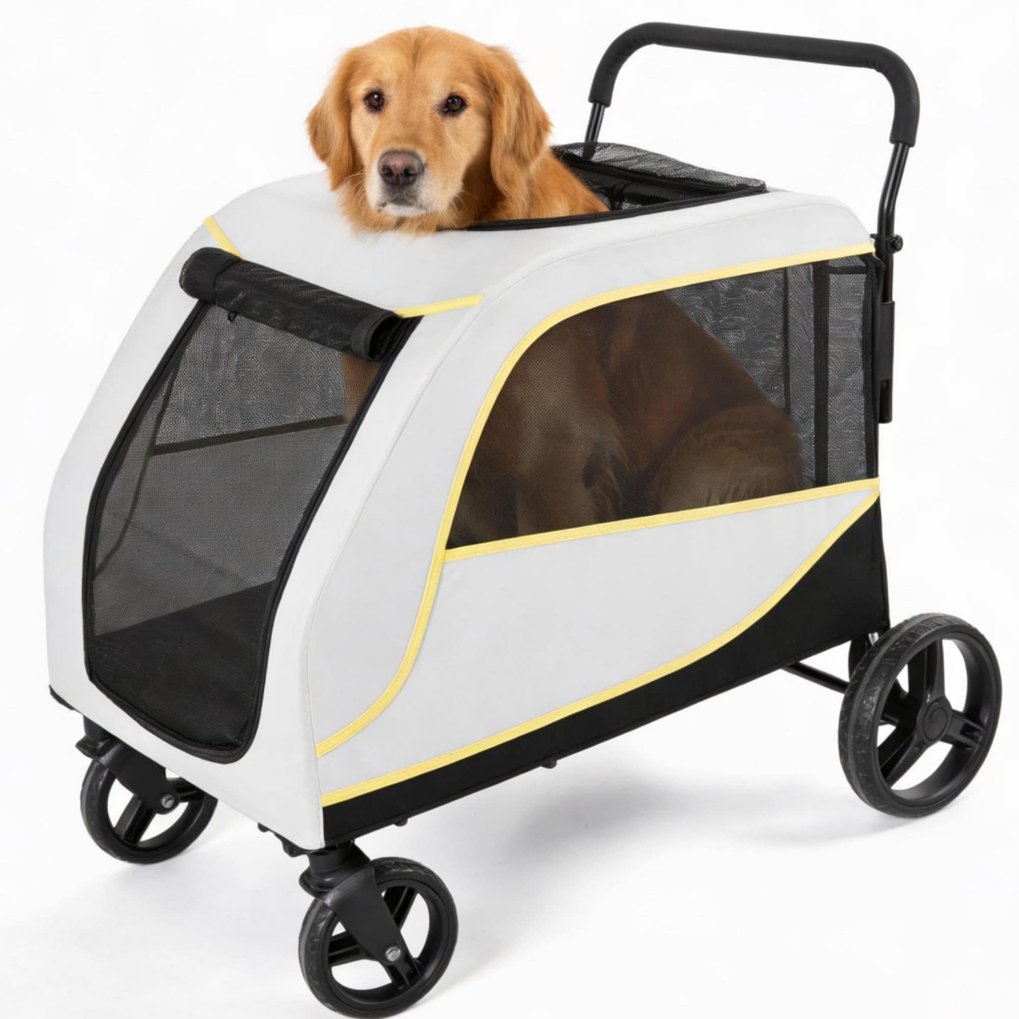 Aoile Large Dog Cart Heavy Duty All-Terrain 4-Wheel Pet Stroller for Big Dogs and Cats up to 176 lbs Collapsible Dual Entry One-Foot Brake Canopy Storage Basket Breathable Mesh Ideal for Senior or Injured Pets Bright Gray