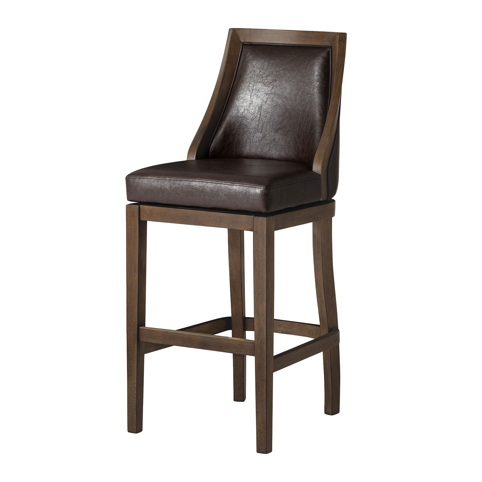 Maven Lane 320690 Vienna 31 Inch Tall Bar Height Rotating High Back Barstool in Walnut Finish with Marksman Saddle Vegan Leather Seat