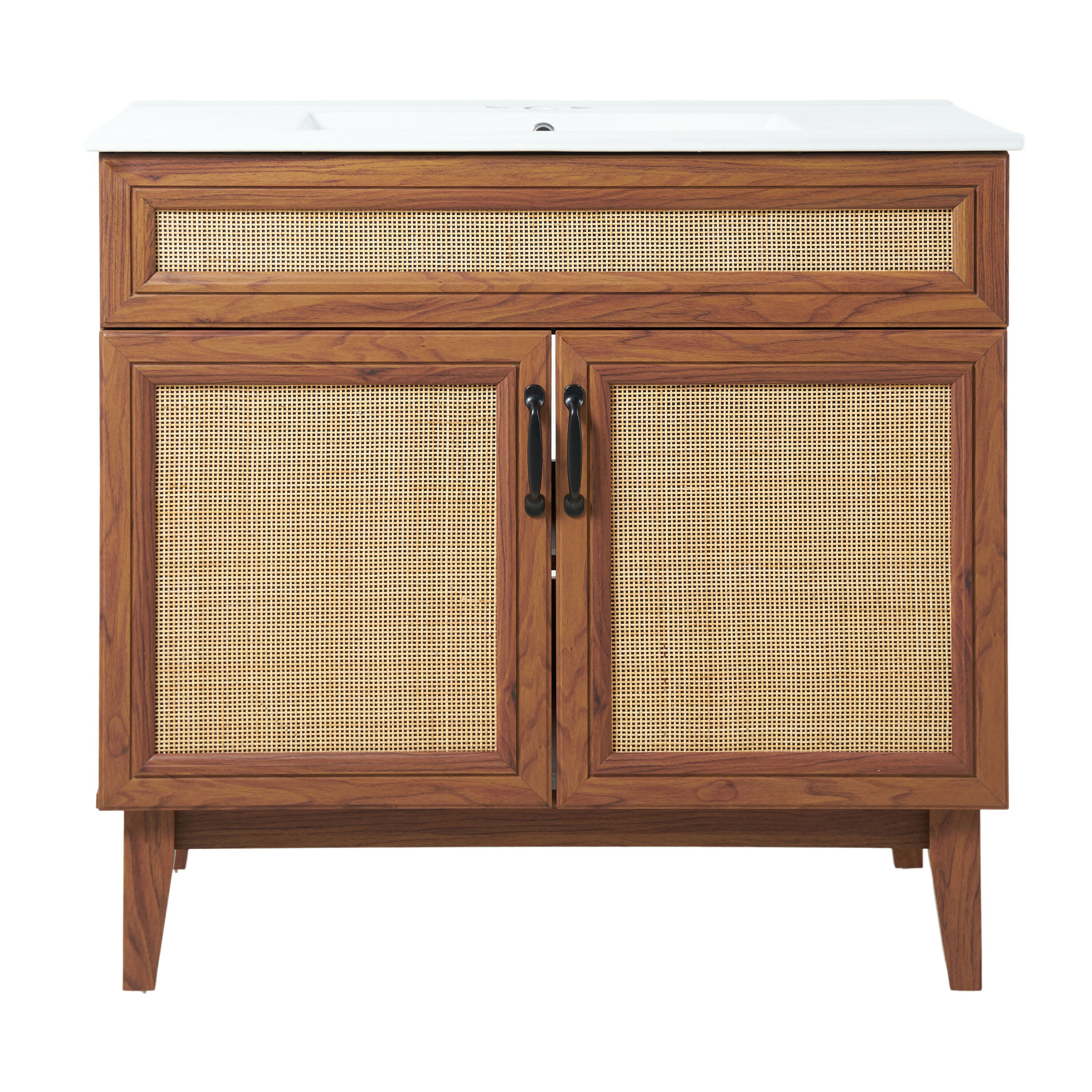 Javer 36" Walnut Rattan Modern Farmhouse Bathroom Vanity Cabinet