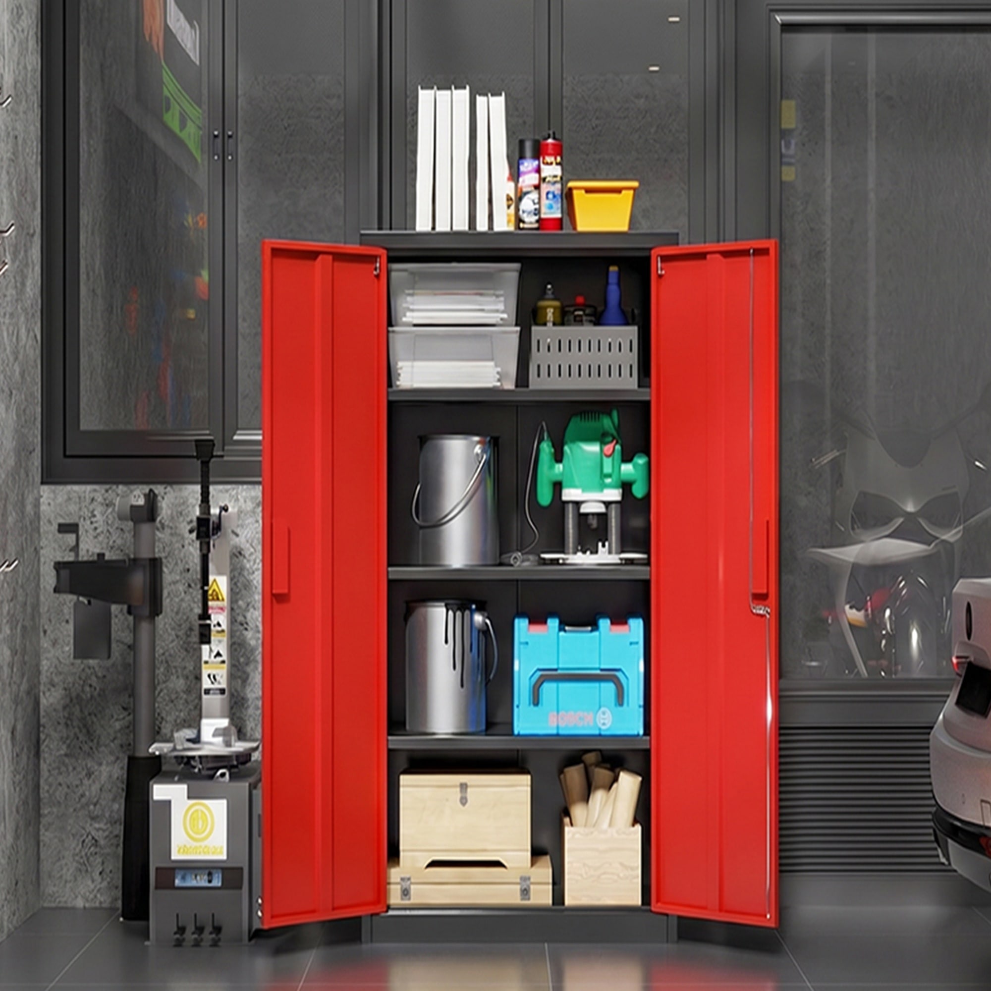 Dimakai Office Storage Cabinet Steel File Cabinet with Lock Adjustable Shelves Tall Narrow Design Black Red