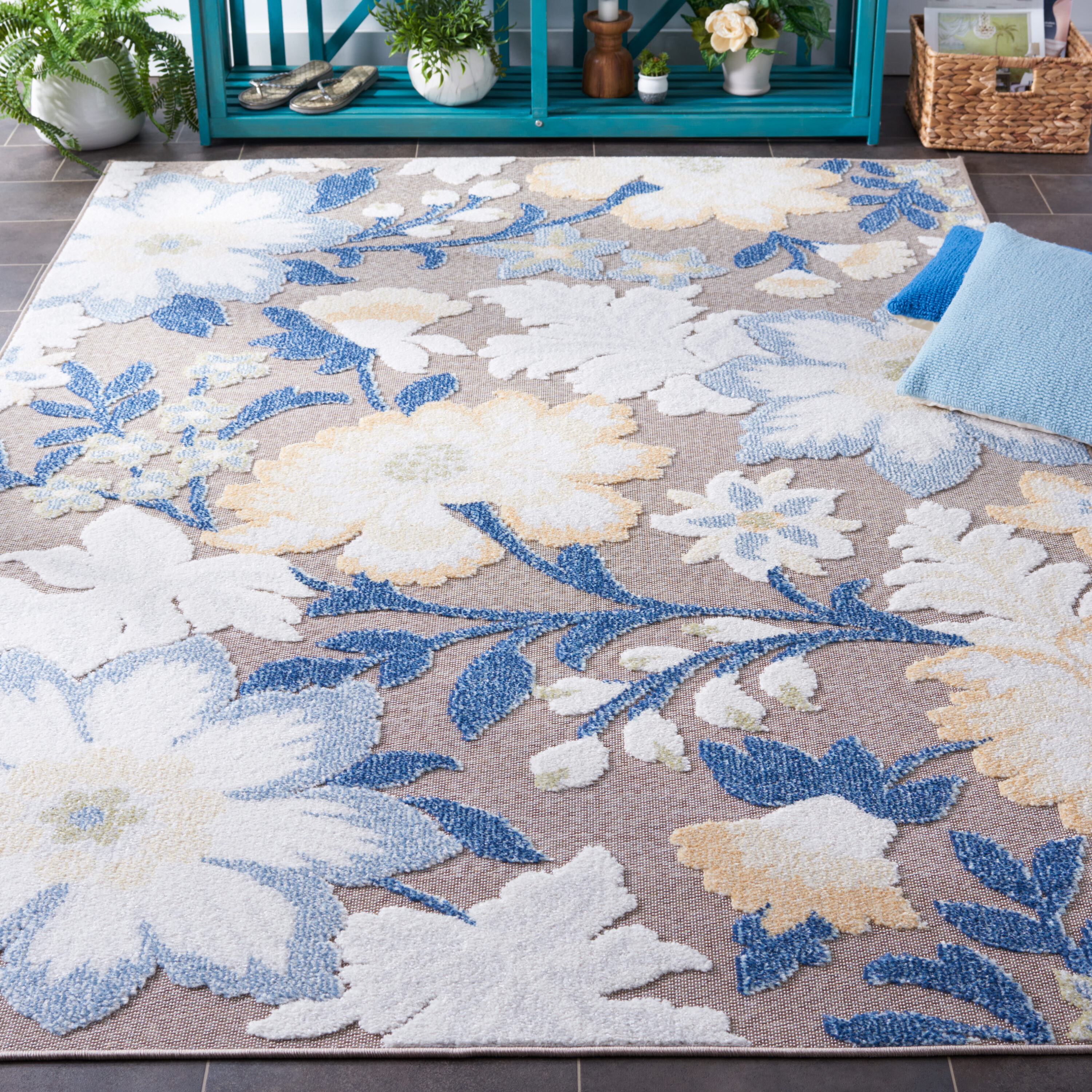 Sarasota Navy & Brown Floral Synthetic Area Rug - 59"x95"