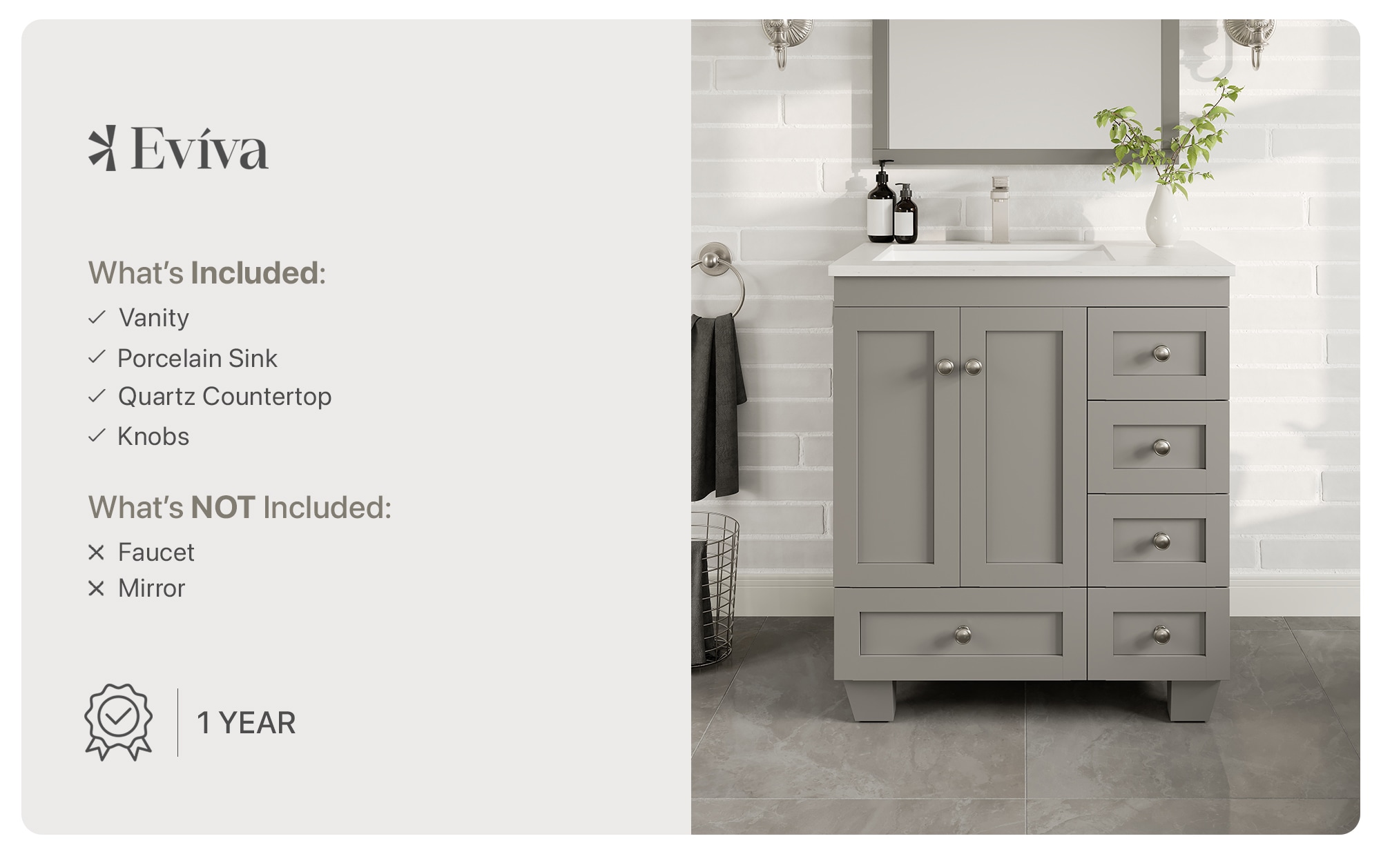 Happy 30" Gray Freestanding Bathroom Vanity with Marble Top