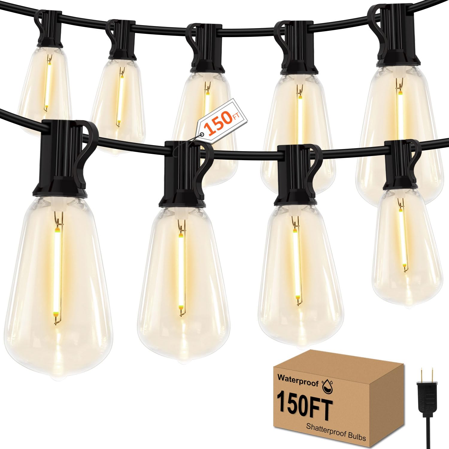 AKSCYZM  150FT LED Outdoor String Lights Patio Lights Waterproof Vintage Edison Bulb String Light Shatterproof Hanging Light for Porch Deck Cafe