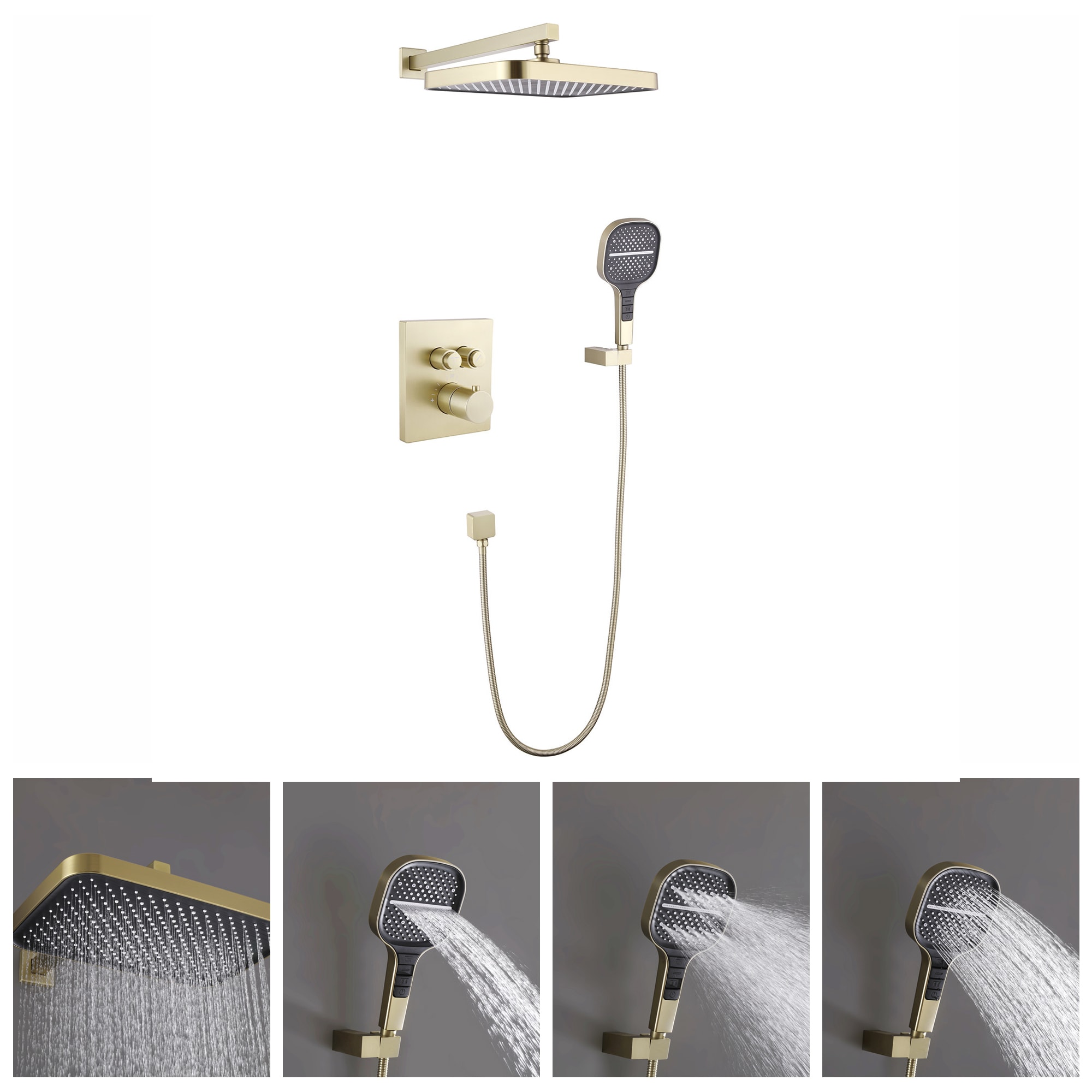 WELLFOR WB-1009 Brushed Gold 13.78-in Dual Head Built-In Shower Faucet System with 2-way Diverter ( Thermostatic Valve Included )