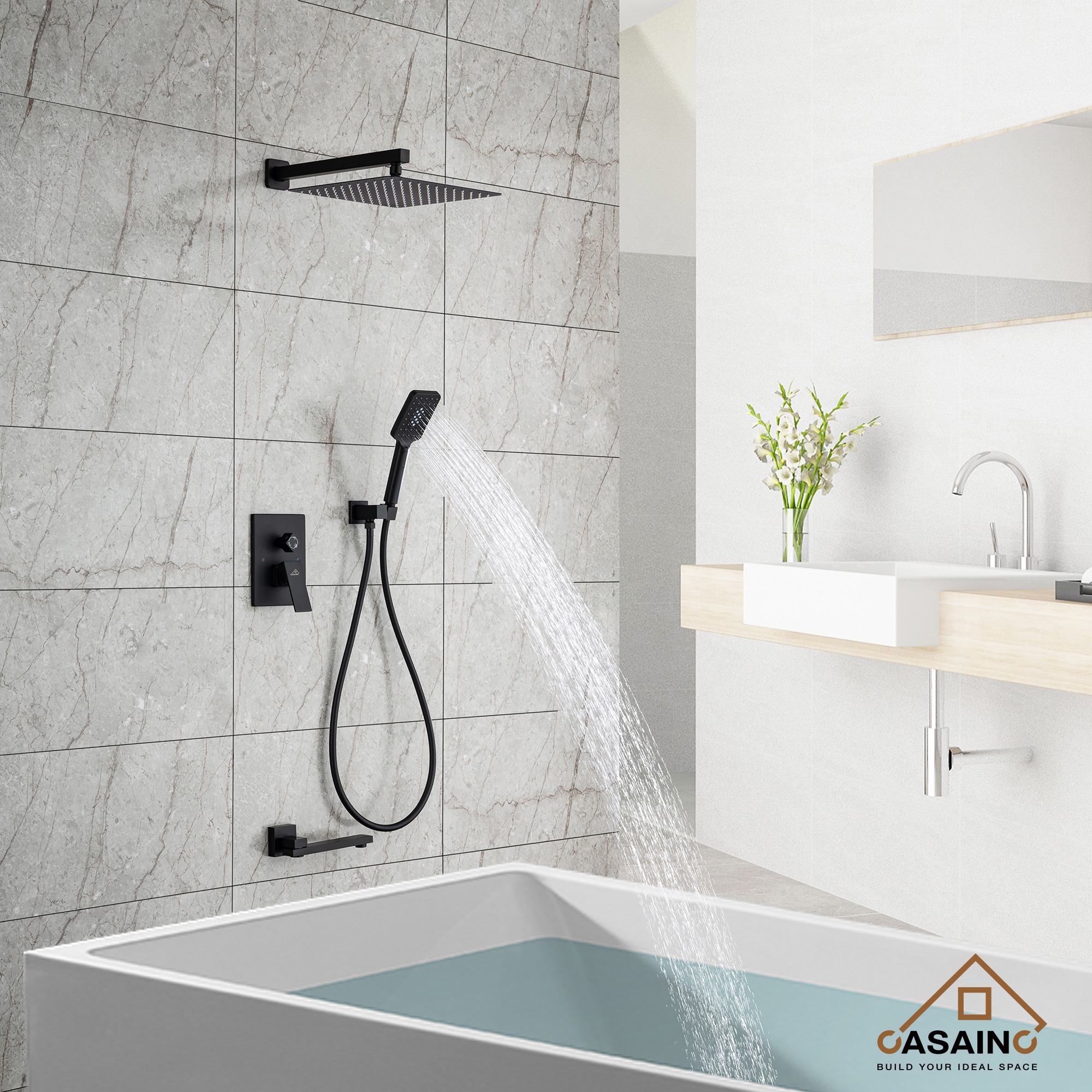 CASAINC Matte Black 12-in Built-In Shower Faucet System with 3-way ...