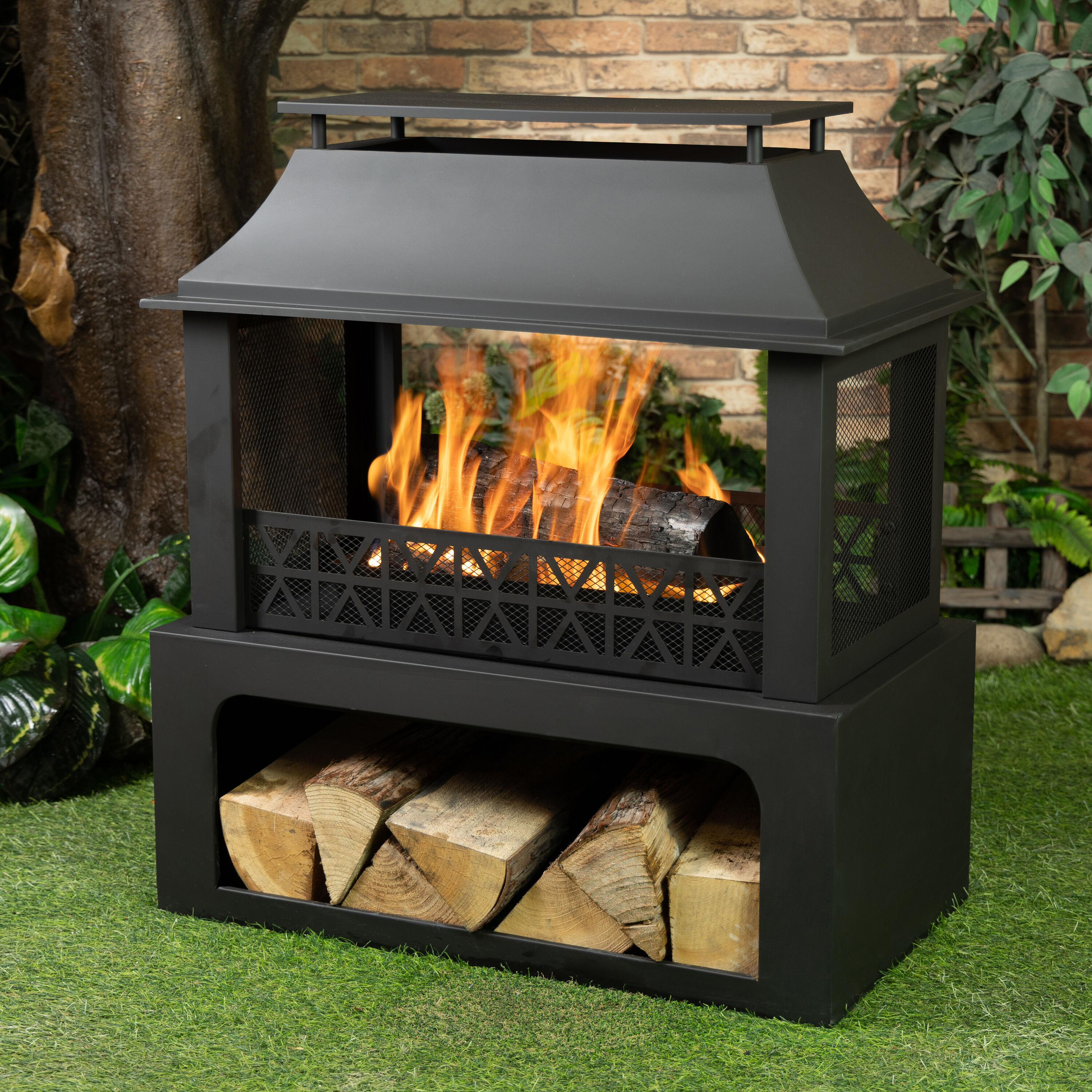 36" Black Steel Rectangular Outdoor Wood Burning Fire Pit with Log Storage