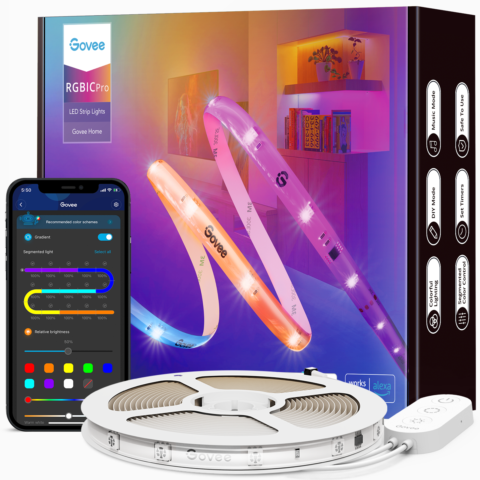 Govee RGBIC LED Smart Strip Light 9.8ft. Wi-Fi + Bluetooth, Color