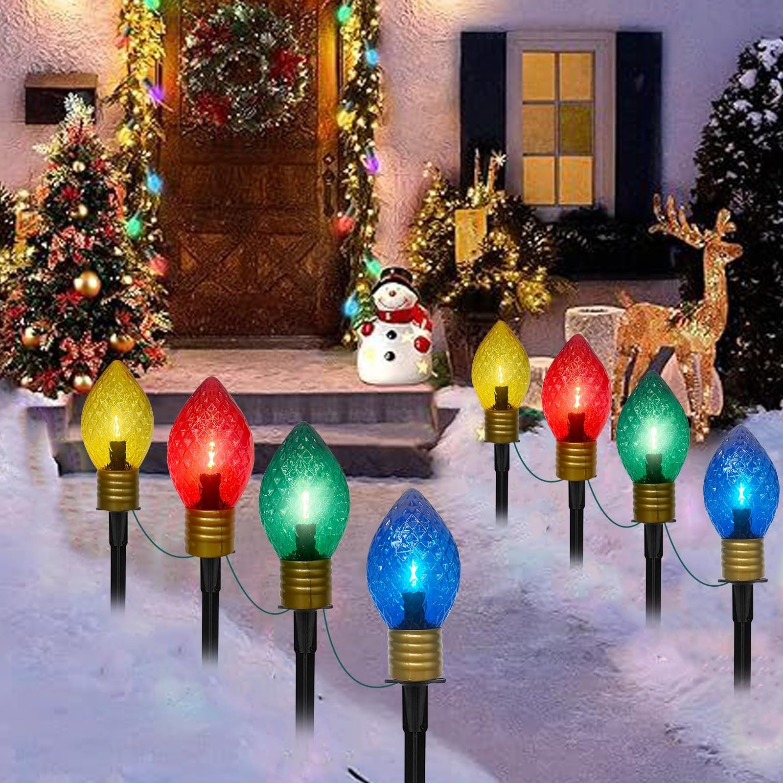 Lukvuzo  Jumbo C9 Christmas Pathway Lights Outdoor 2 pack 14 foot 8 LED Multicolor Giant Walkway Stakes Connectable Holiday Lawn Decor