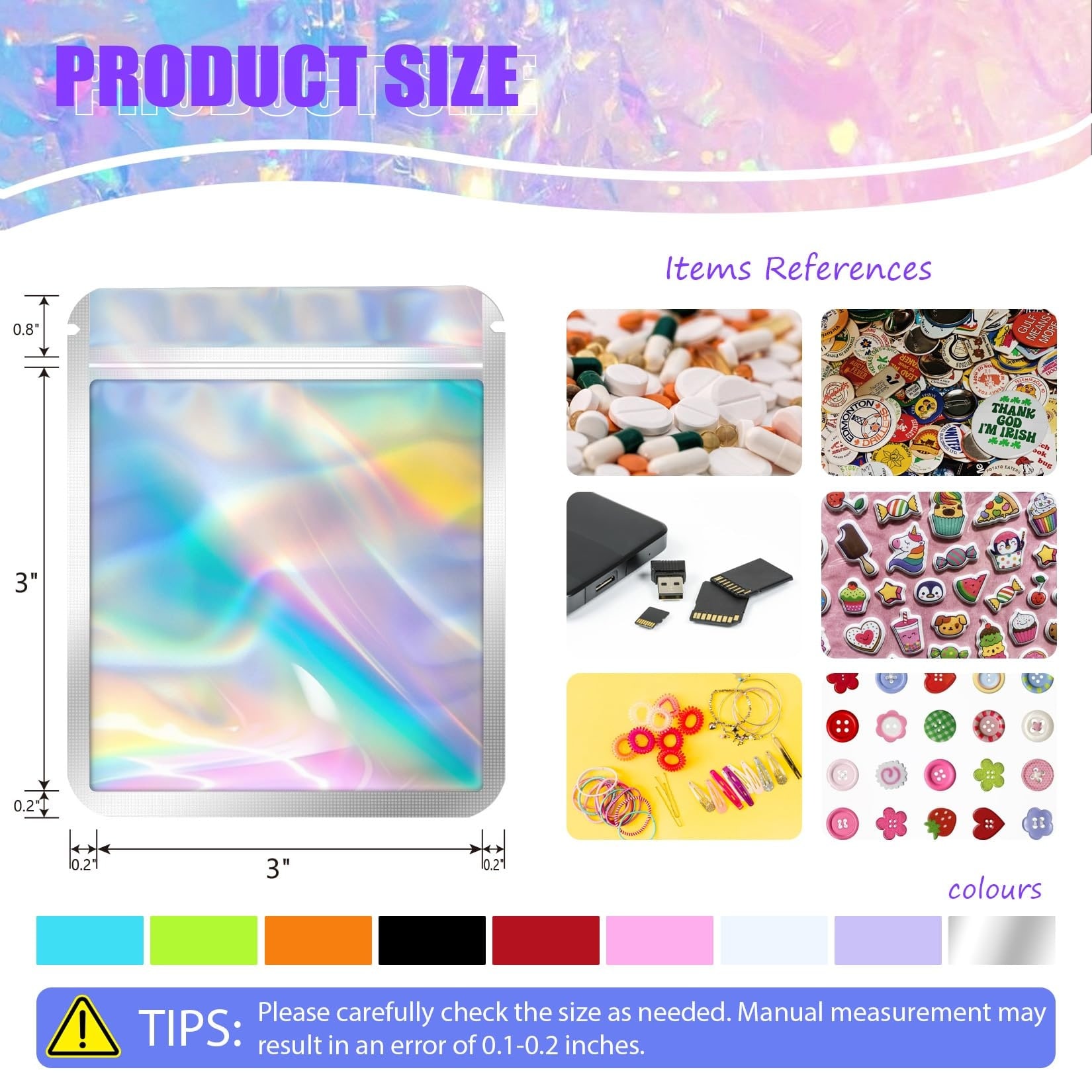 Etokfoks  Holographic Mylar Freshie Bags 3 x 3 Inch Pink 100 Pack Resealable Sample Pouches with Clear Front Window for Snacks Jewelry and