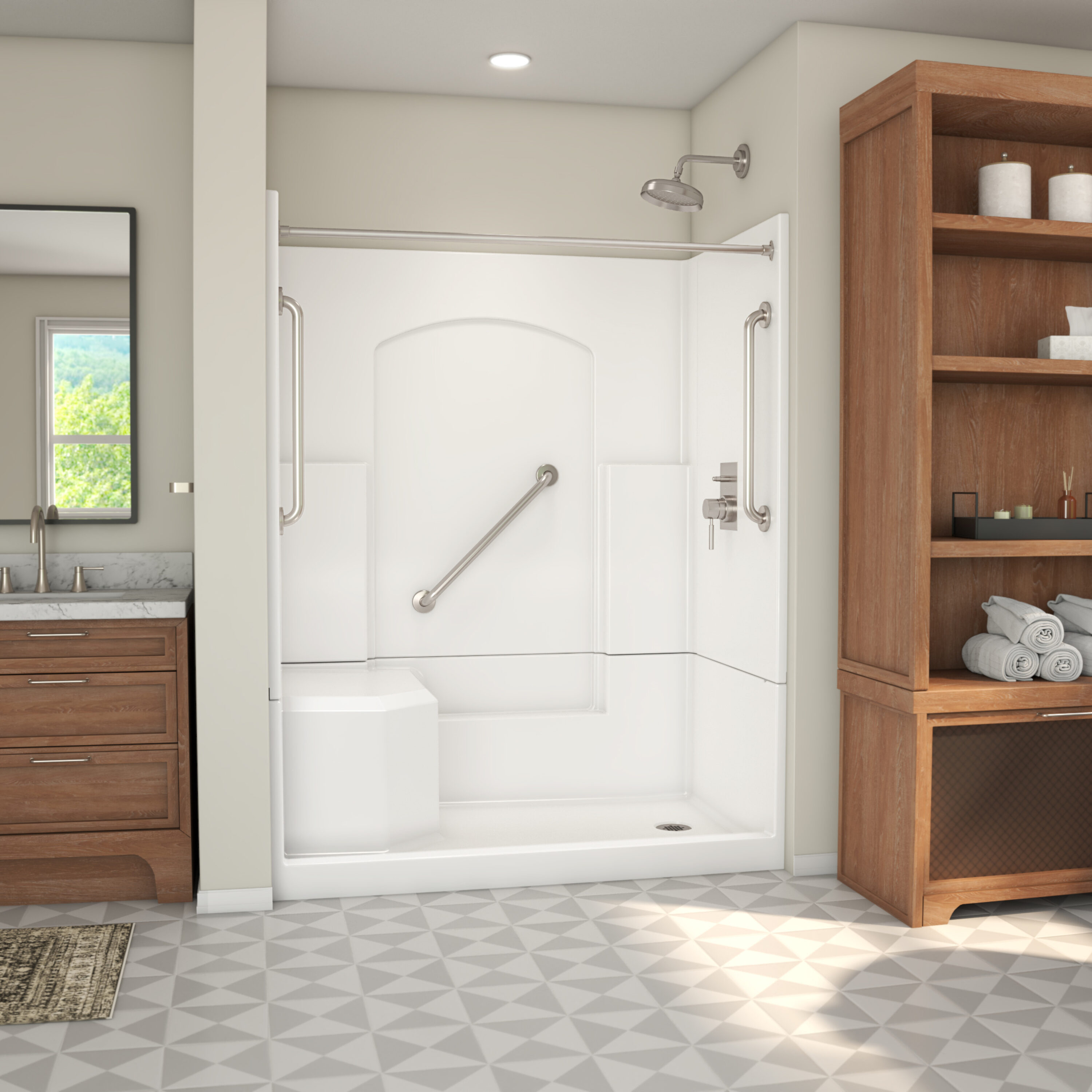 Laurel Mountain LM3660SH1S4PLWH Ramer Plus 4 -Piece 36-in W x 60-in L x 77-in H Rectangle Alcove shower kit ( Right Drain) with Integrated Seat Base and Wall Drain and Brushed stainless steel Hardware Included