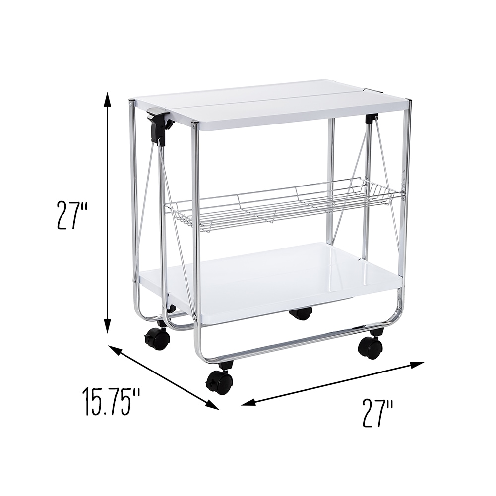 White and Chrome Foldable Kitchen Cart with Storage