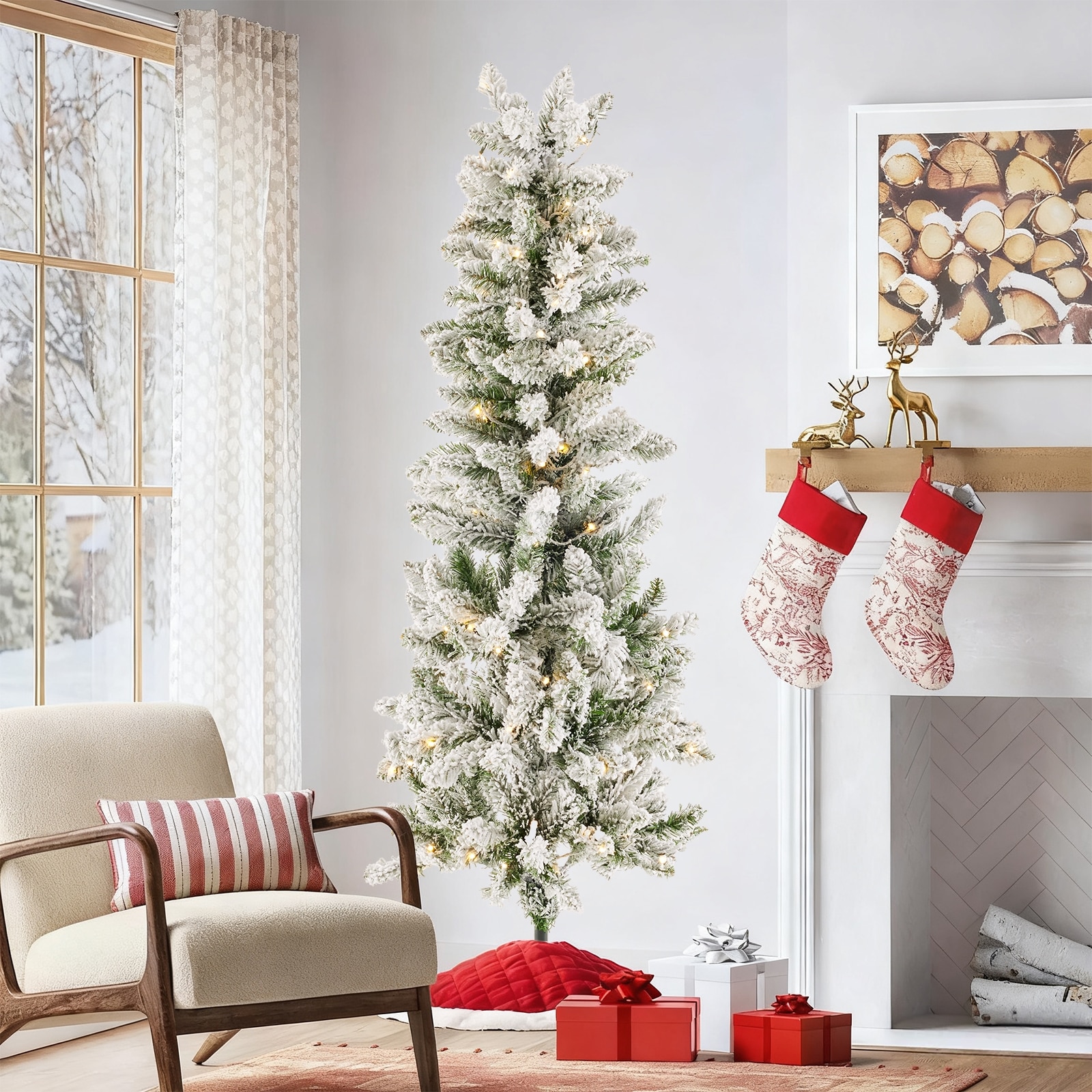 Haysky 9-ft Alaskan flocked Pre-lit Pencil Artificial Christmas Tree with White LED Lights