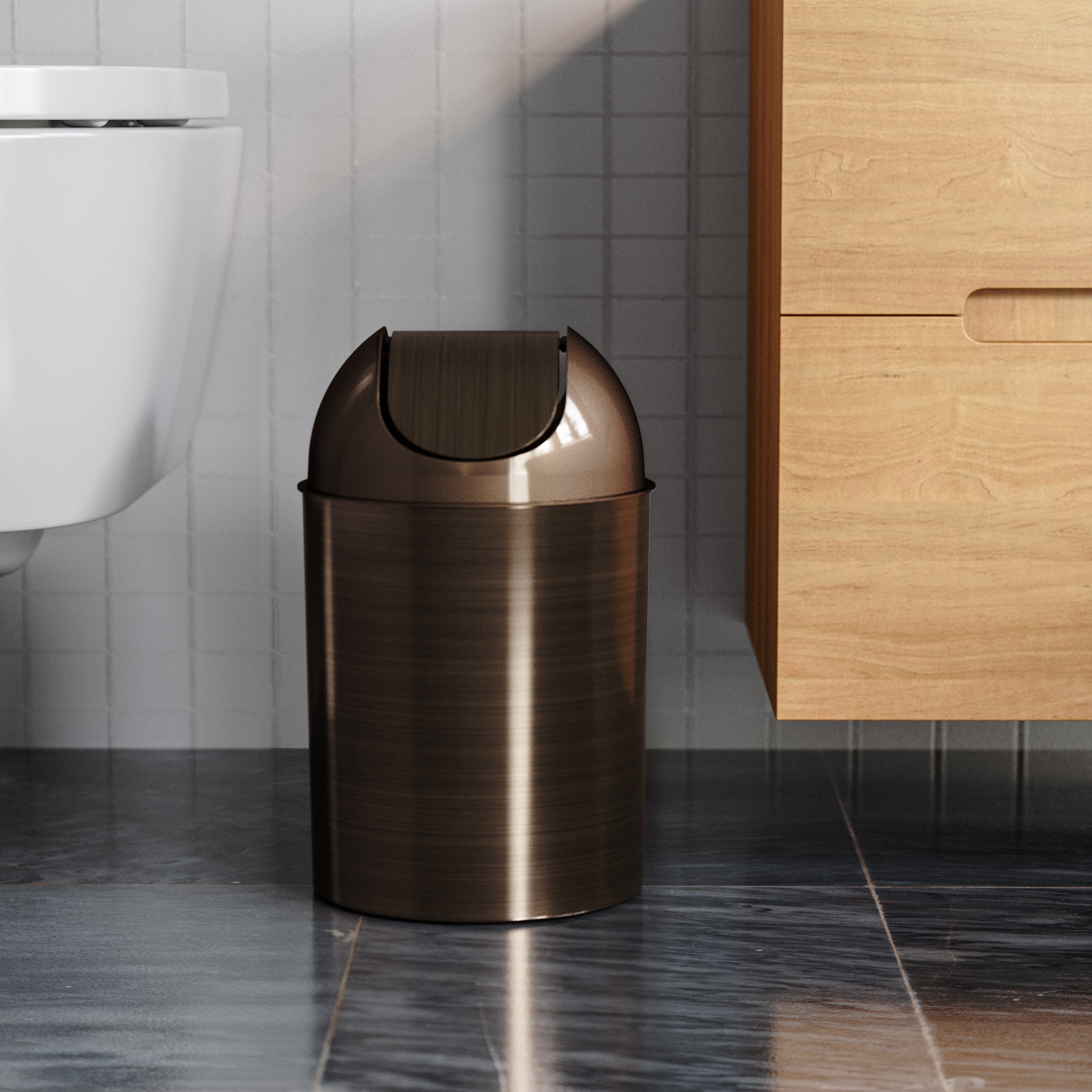 Bronze Metallic Brown Plastic Cylinder Trash Can with Swing Lid