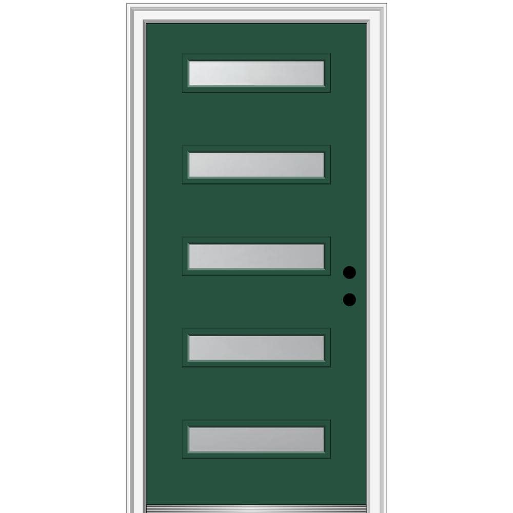 MMI DOOR ZZ347830L Spotlights 36-in x 80-in x 4-9/16-in Fiberglass Pulse lite Left-hand inswing Hunter Green Painted Prehung Front Door with Brickmould Insulating core