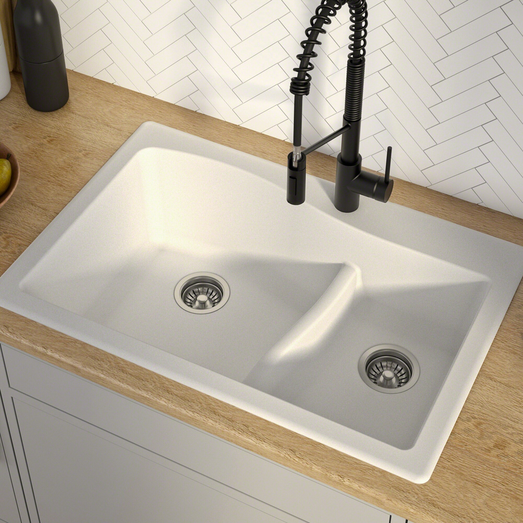 Kraus KGD-442WHITE-PST1-WH Quarza Drop-in or undermount 33-in x 22-in Granite Double offset bowl 1-Hole Kitchen Sink