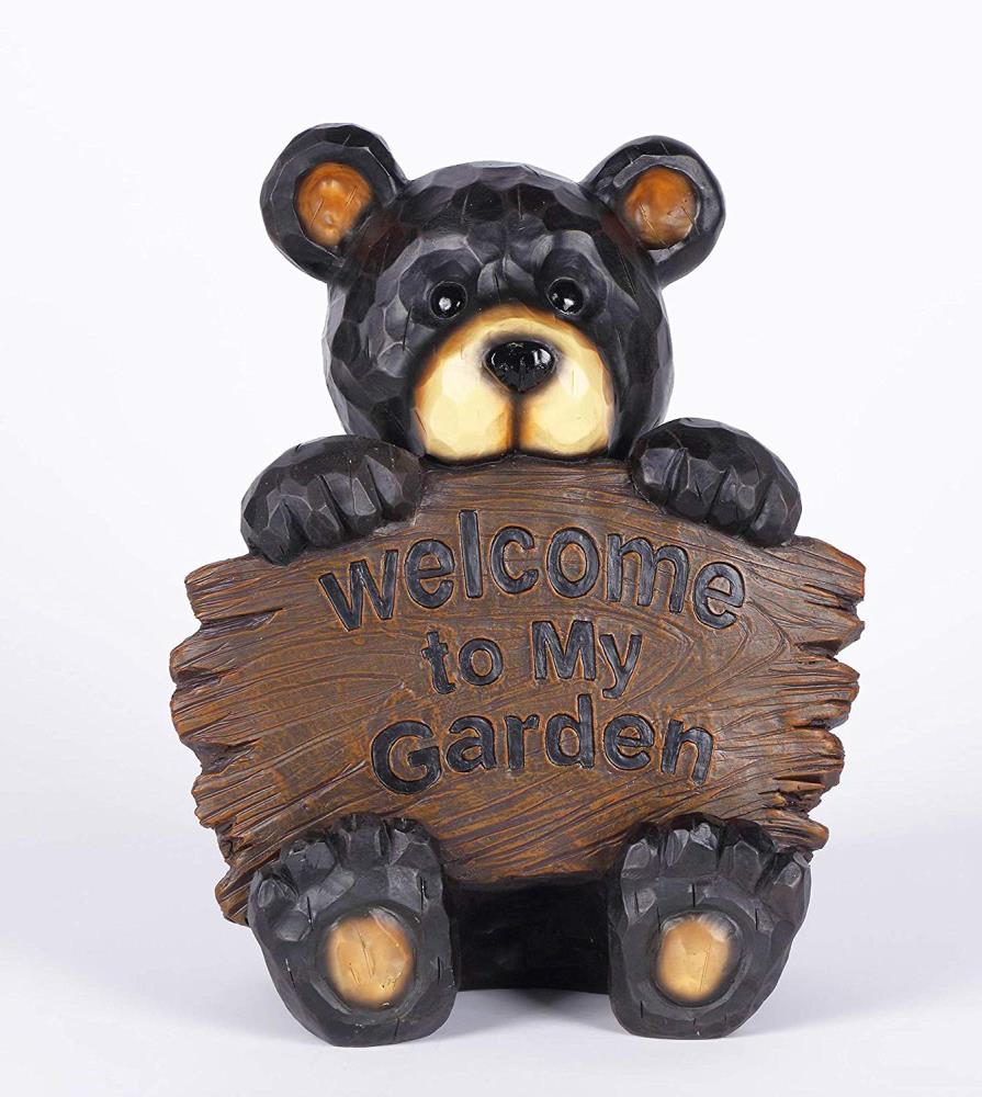 Black Polyresin Bear Cub Garden Statue with Welcome Sign