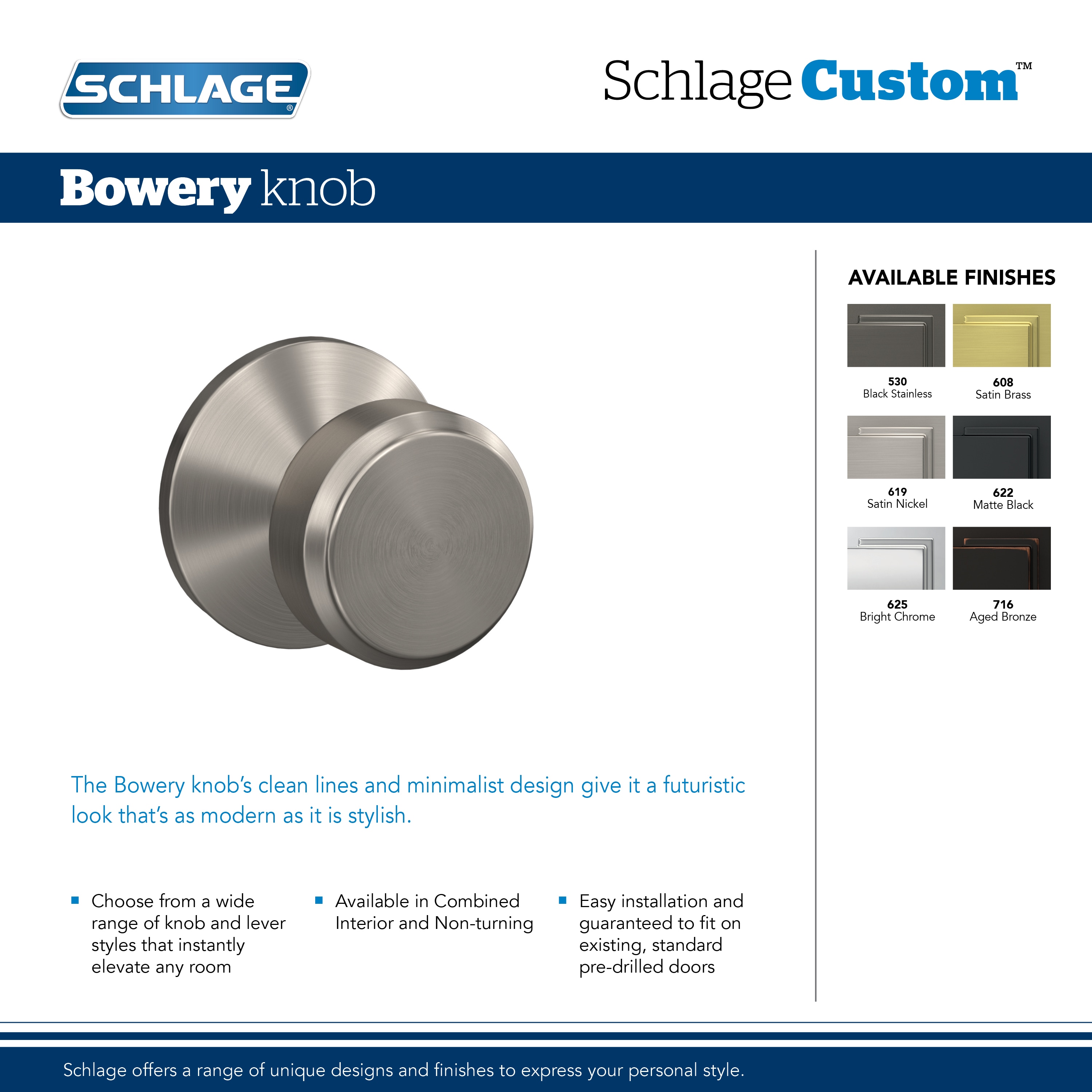 Schlage FC21BWE619COL Satin Nickel Custom Bowery Passage & Privacy