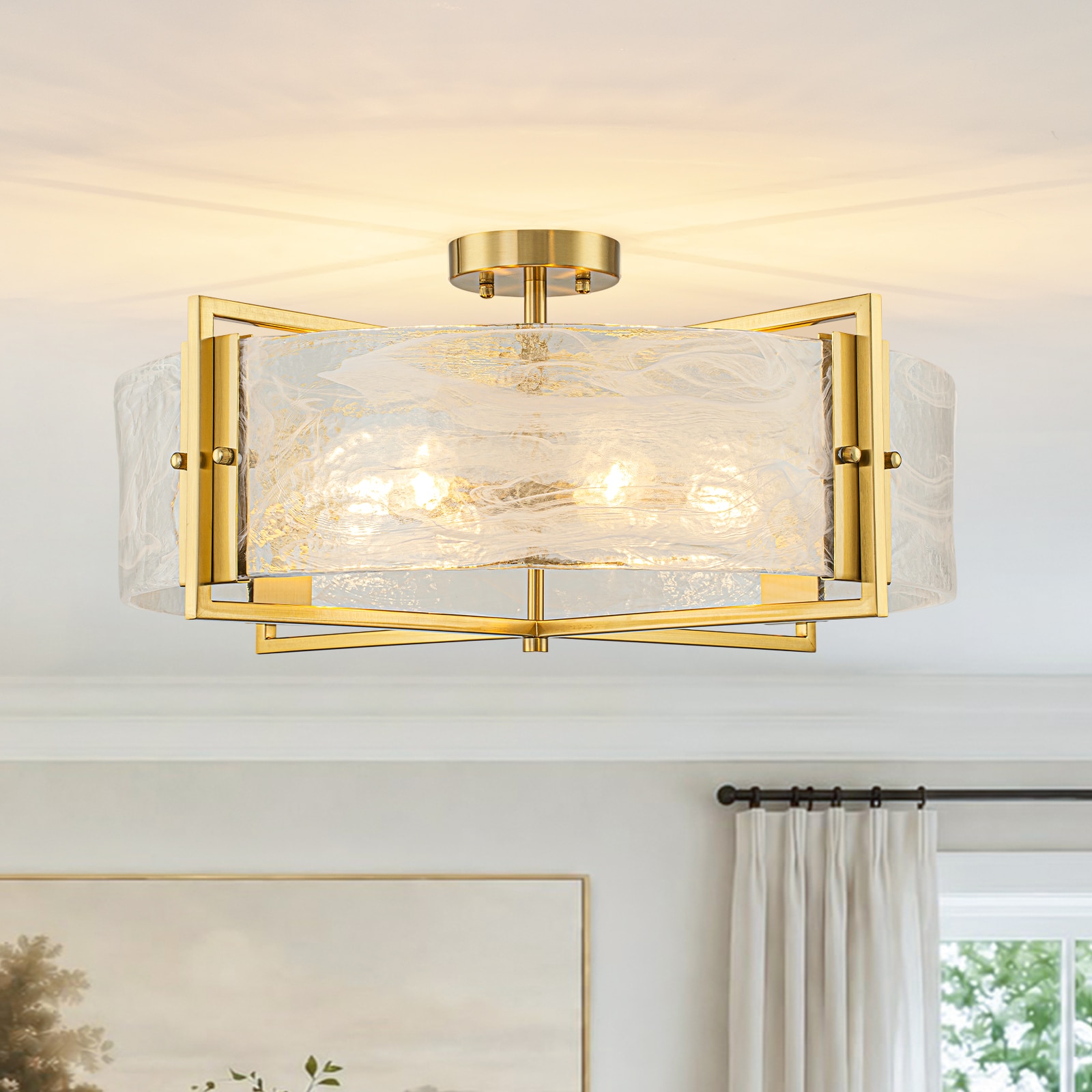 Wonderindoor 6-Light Frosted Cloud Glass Metal Semi-Flush Mount Light in Natural Copper