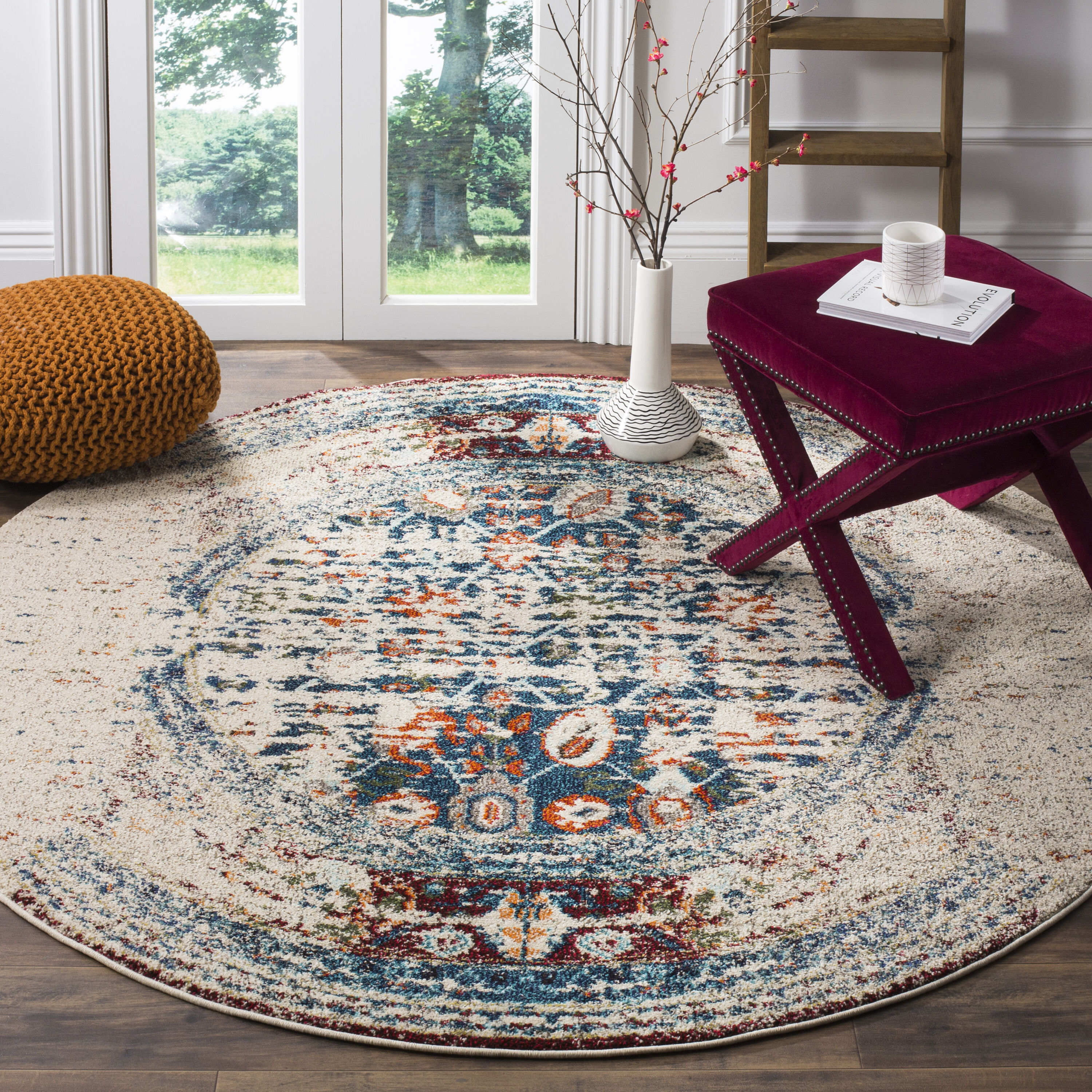 Safavieh MNC208M-5R Monaco Winfrid 5 x 5 (ft) Loomed Polypropylene Ivory/Blue Round Indoor Abstract Bohemian/Eclectic Area rug