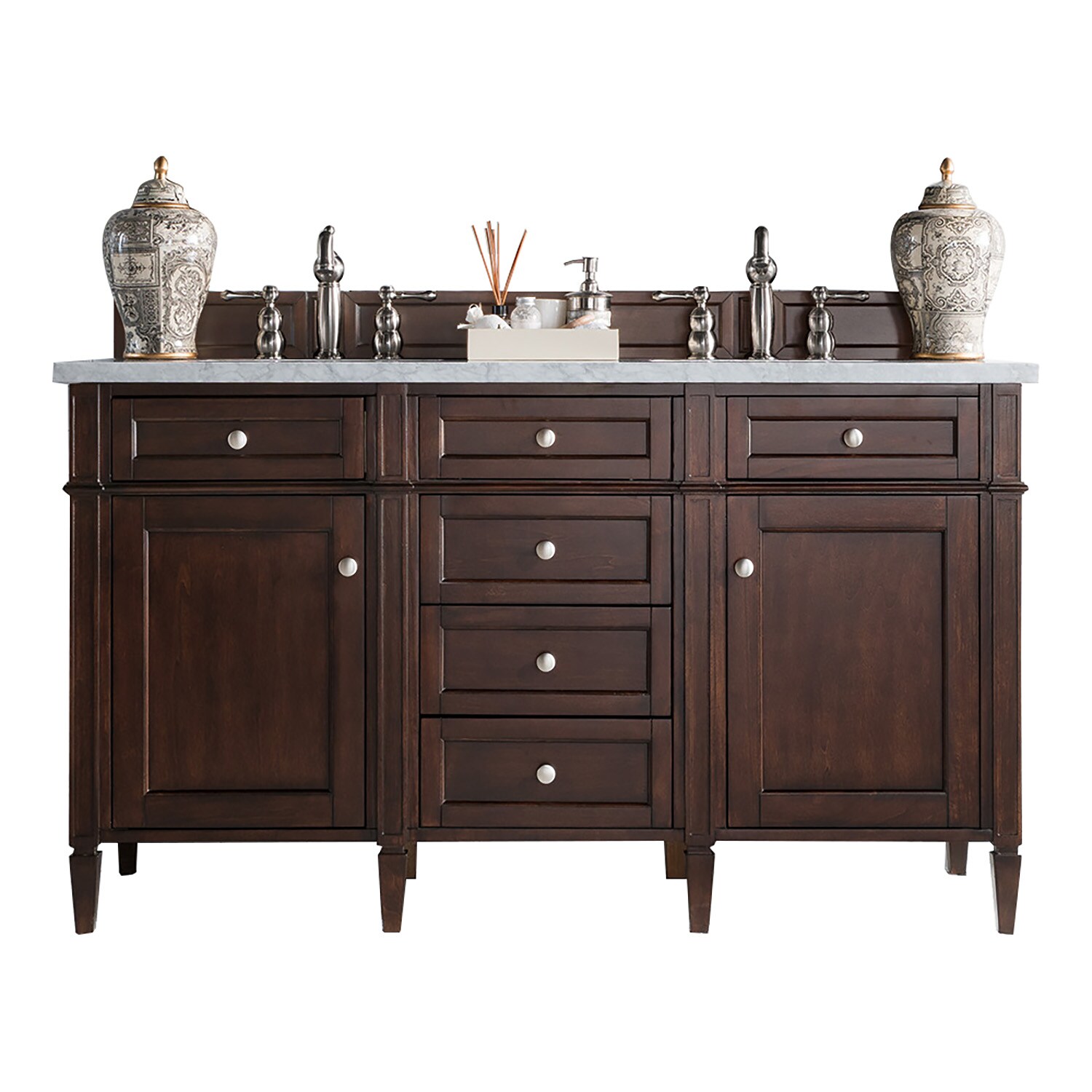 James Martin Vanities 650-V60D-BNM-3AF Brittany 60-in Burnished Mahogany Undermount Double sink Bathroom Vanity with Arctic Fall Solid surface Top