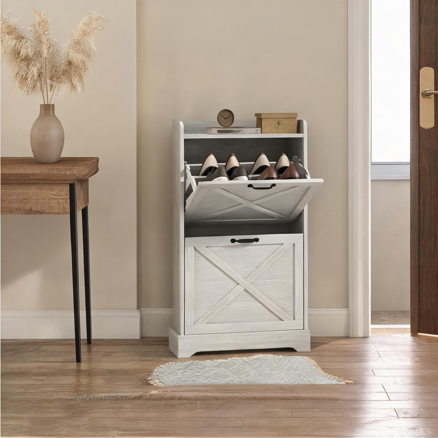 FlowLuxe Classic White Particle Board Shoe Cabinet with Farmhouse Charm for Entryway Holds 8 Pairs