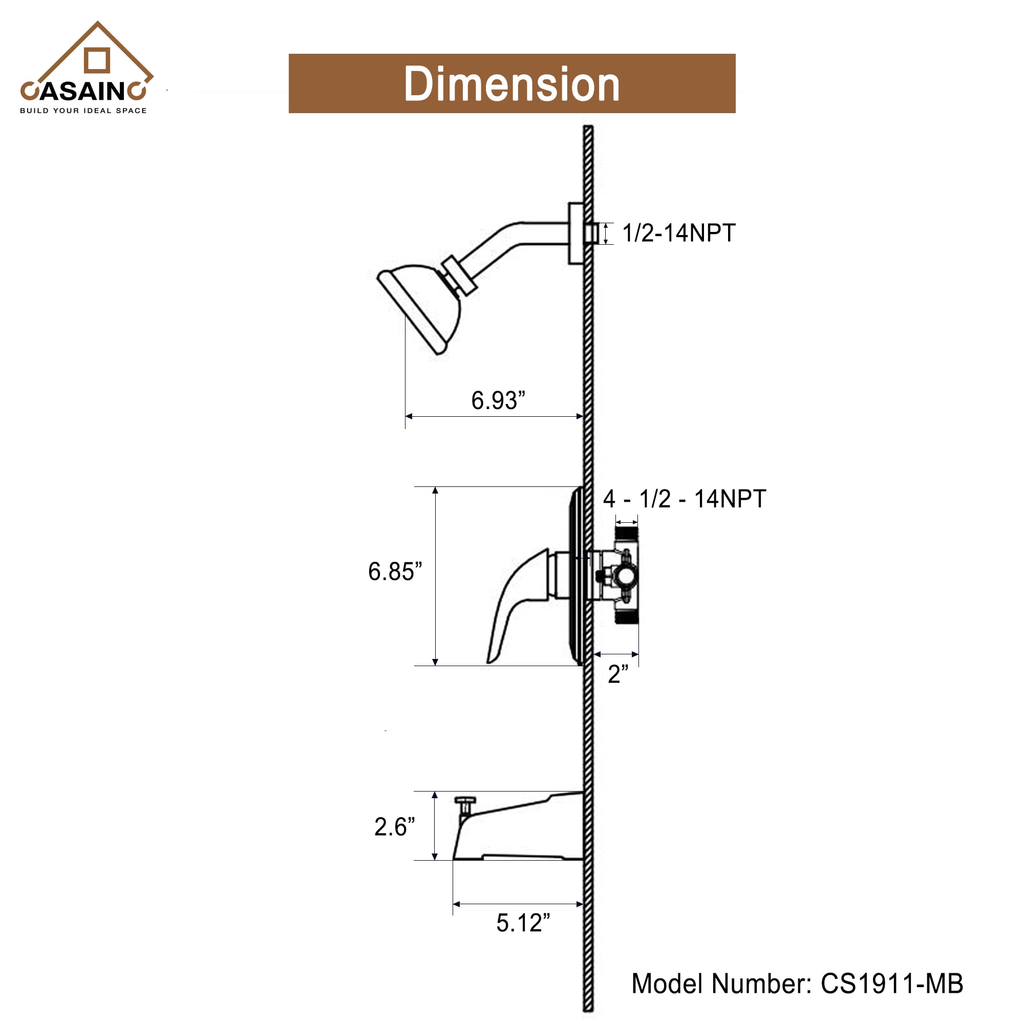 CASAINC Shower System Matte Black Dual Head Waterfall Shower Faucet Bar ...