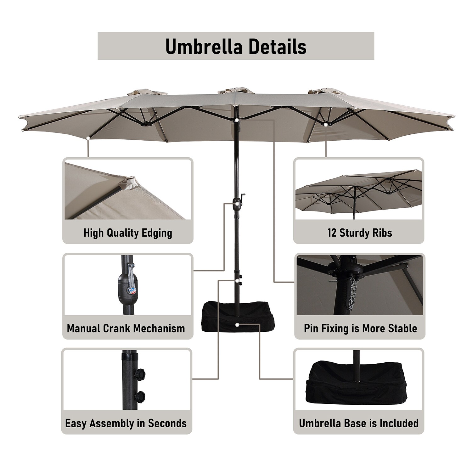 Beige 15-ft Steel Double-Sided Patio Umbrella with Base
