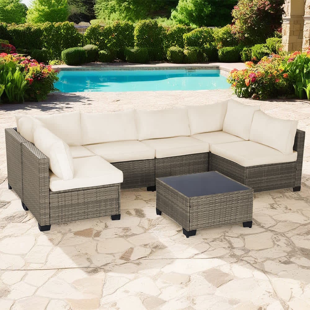 JUJABU CON-SET-1 Gray 7-Piece PE Wicker Patio Conversation Set with Beige Cushions and coffee table