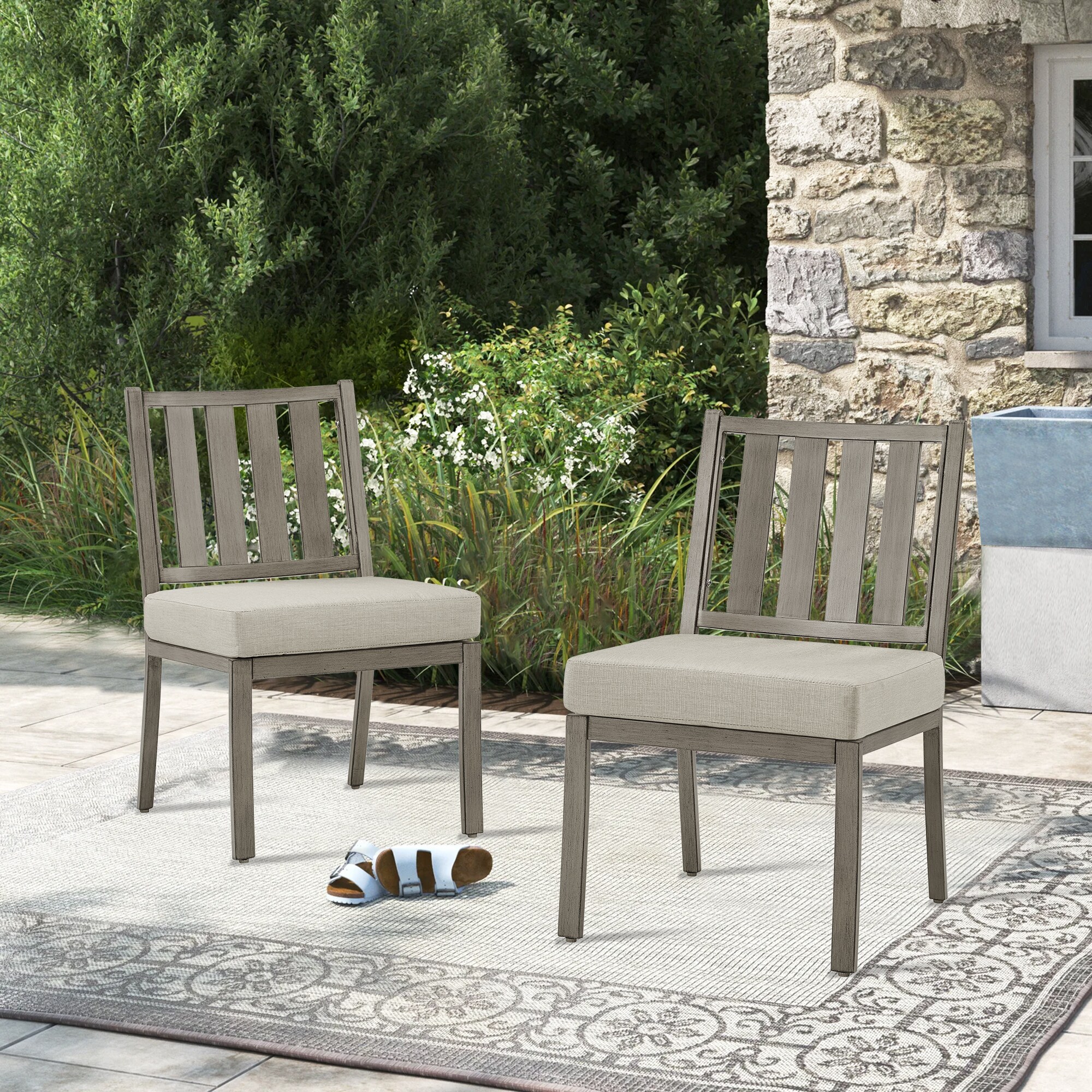 PEAK HOME FURNISHINGS 970482 Patio Dining Chair Set of 2 Grey Aluminum Frame Stationary Dining Chair with Off-white Sunbrella Cushioned Seat
