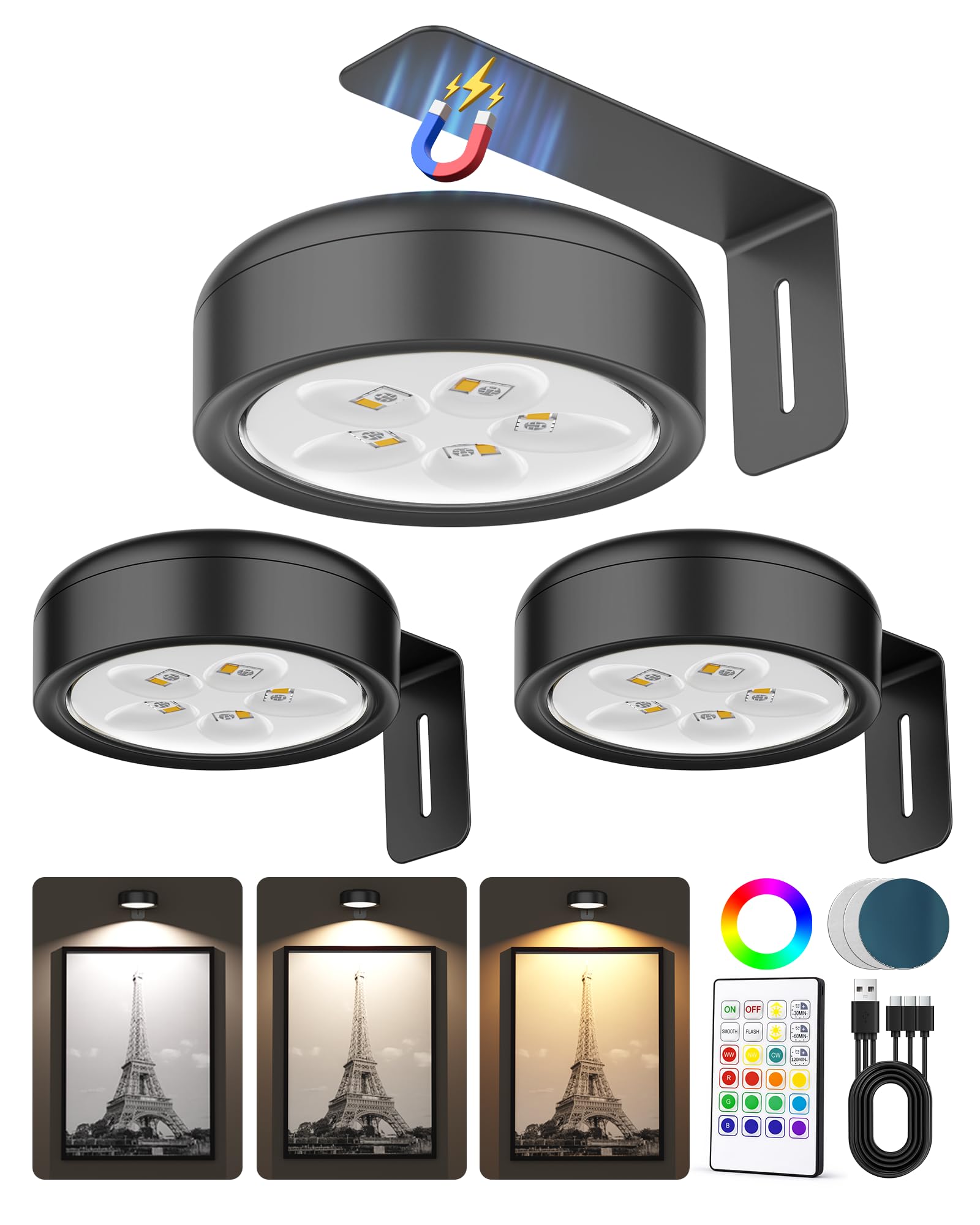 Oyezvary  3 Pack Wireless Magnetic LED Picture Lights with Remote 3 Color Temperatures 12 RGB Modes Dimmable Timer for 4x6 to 8x12 Art Frames Photos Wall Decor