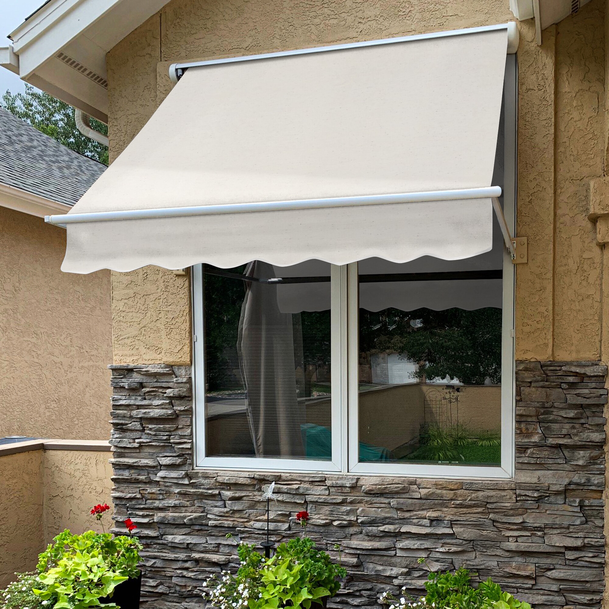 Awntech MS10-L-OAT Mesa 124.5-in Wide x 24.0-in Projection x 24.0-in Height Fabric Oatmeal Tweed Solid Manual Retractable Window/Door Awning