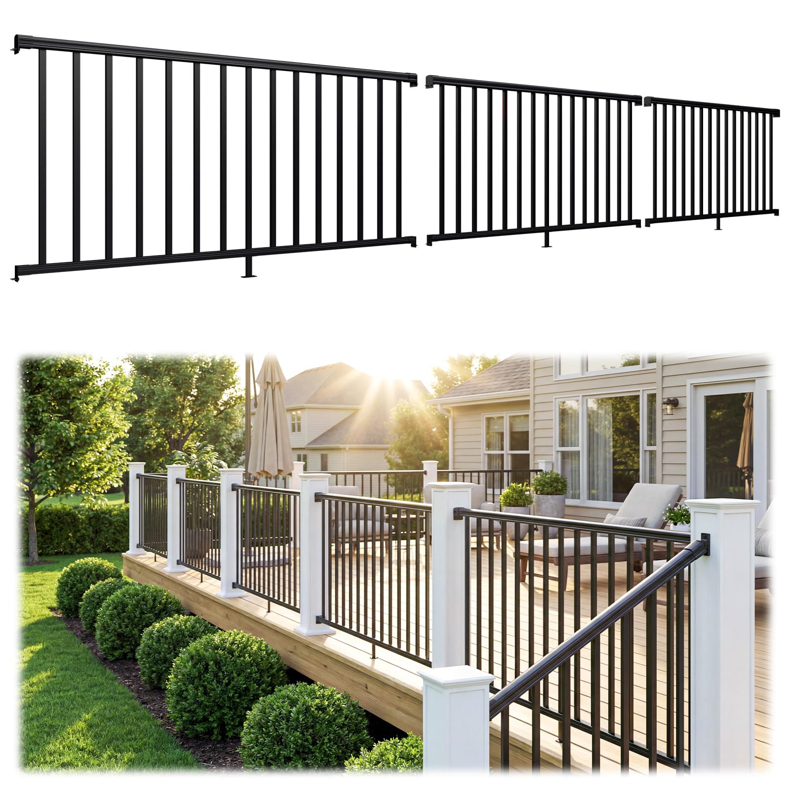 Misopily  3 pack 36 inch high 6 foot wide aluminum porch and deck railing kit without post black textured powder coat for outdoor decks balconies