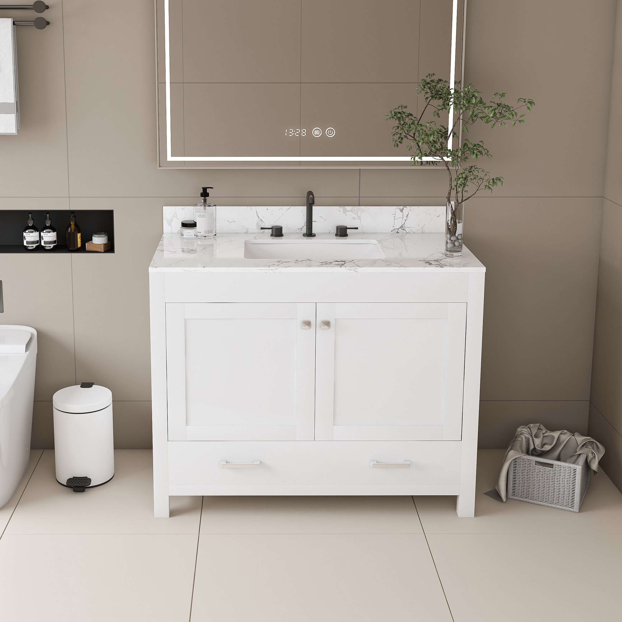 Vanityfus - Modern 43 Inch Bathroom Vanity Set with Carrara White Top and 3 Holes