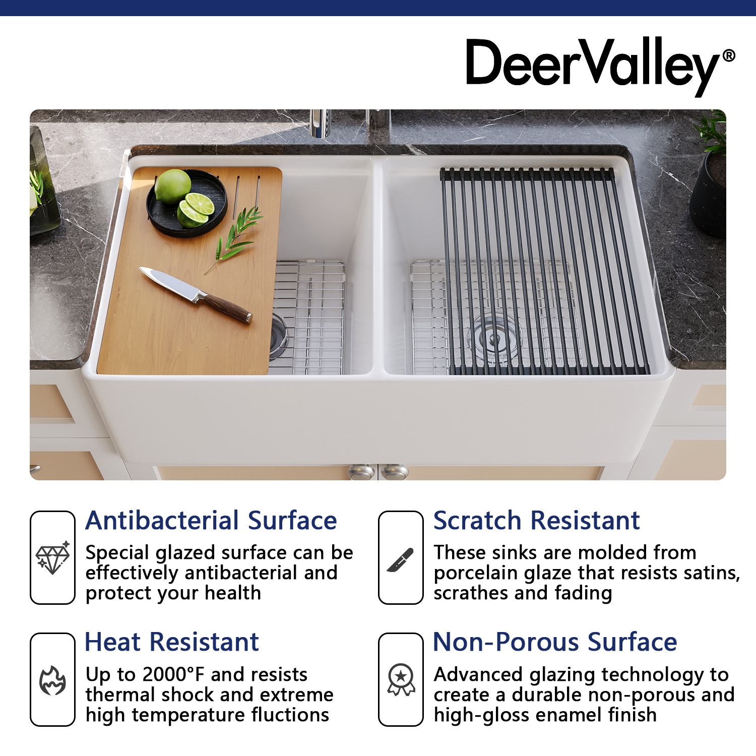 DeerValley 33 in. Farmhouse/Apron-Front Double Bowl White Fireclay Workstation Kitchen Sink with Grid and Basket Strainer