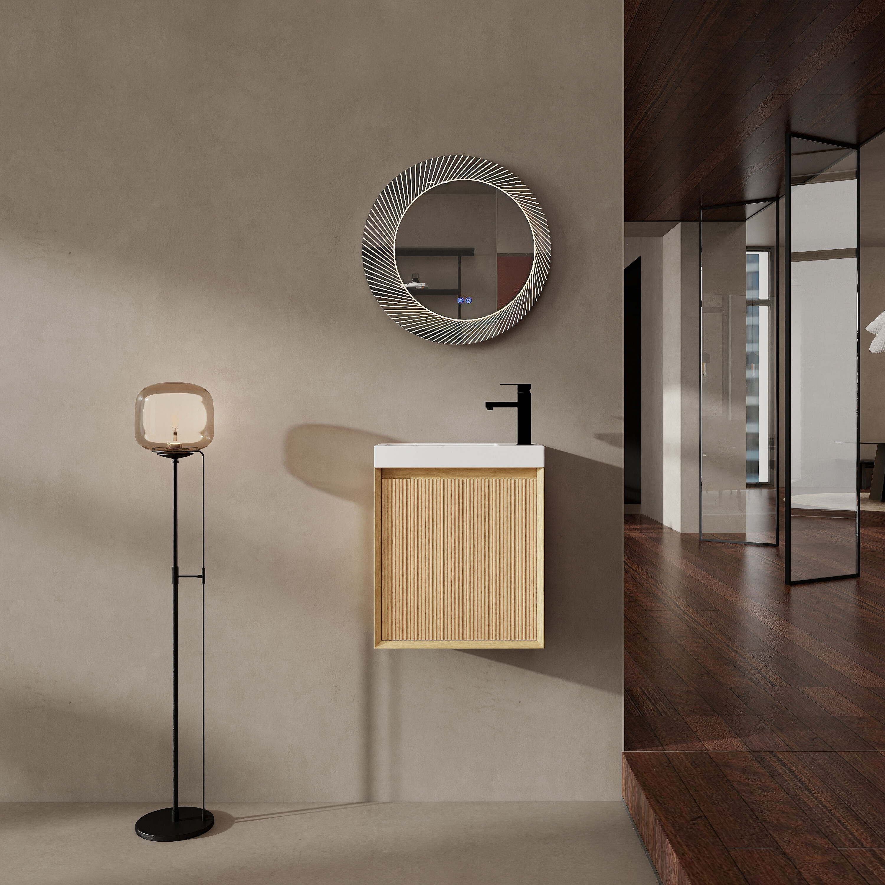 GDFStudio Modern 18.5 Inch Wall Mounted Wood Bathroom Vanity with Resin Sink Soft Close Single Door and 3D Striped Panel Natural