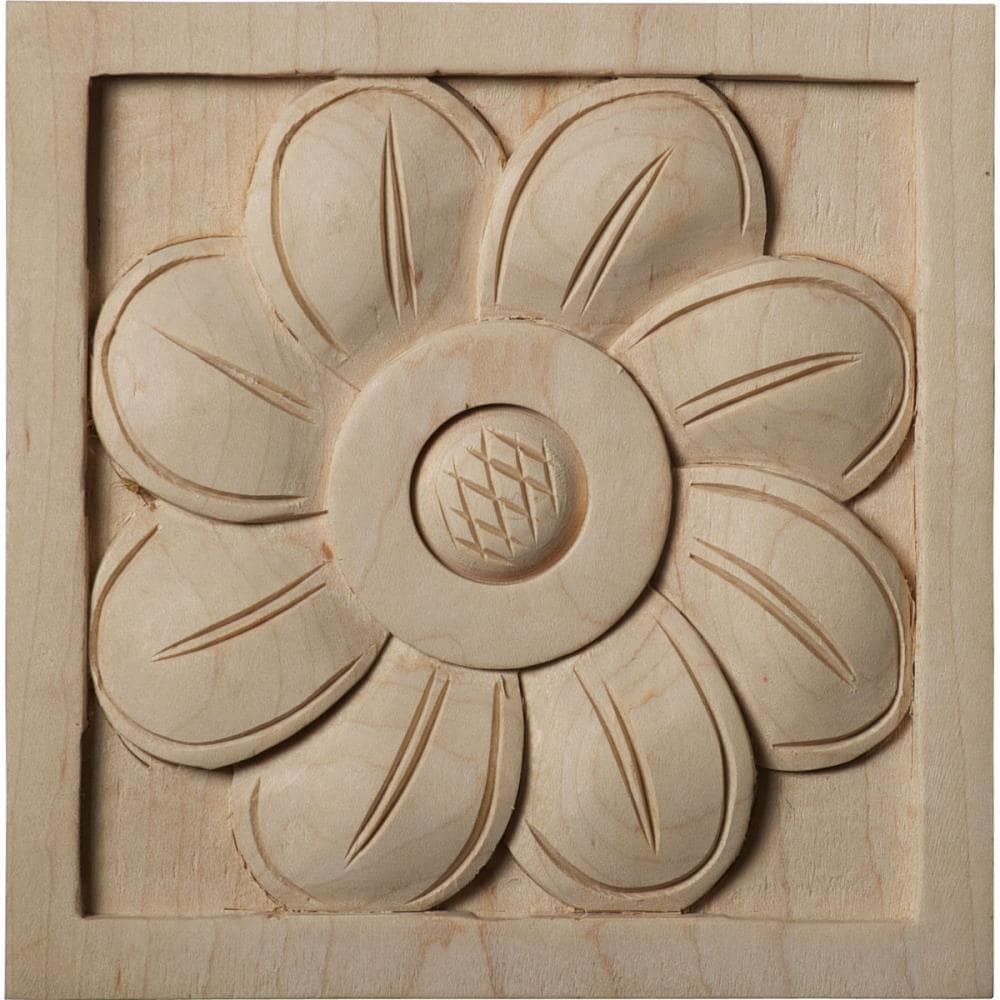 Ekena Millwork ROS05X05SFMA Large Sunflower 5.0-in x 5.0-in Unfinished Maple Square Rosette