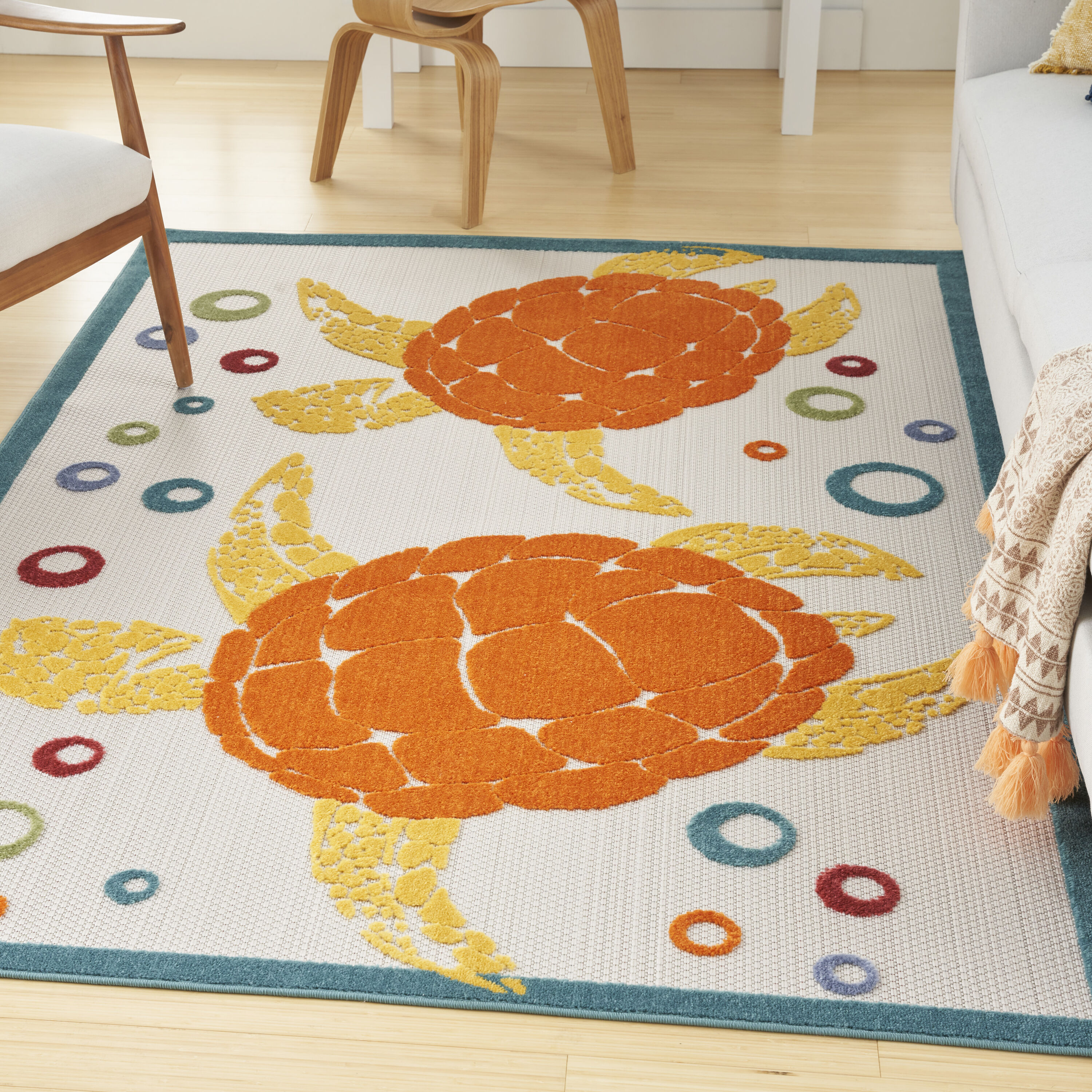 Nourison 099446135858 Aloha 6 x 9 (ft) Loomed Polypropylene Teal Multi Rectangular Indoor/Outdoor Animal print Coastal Area rug