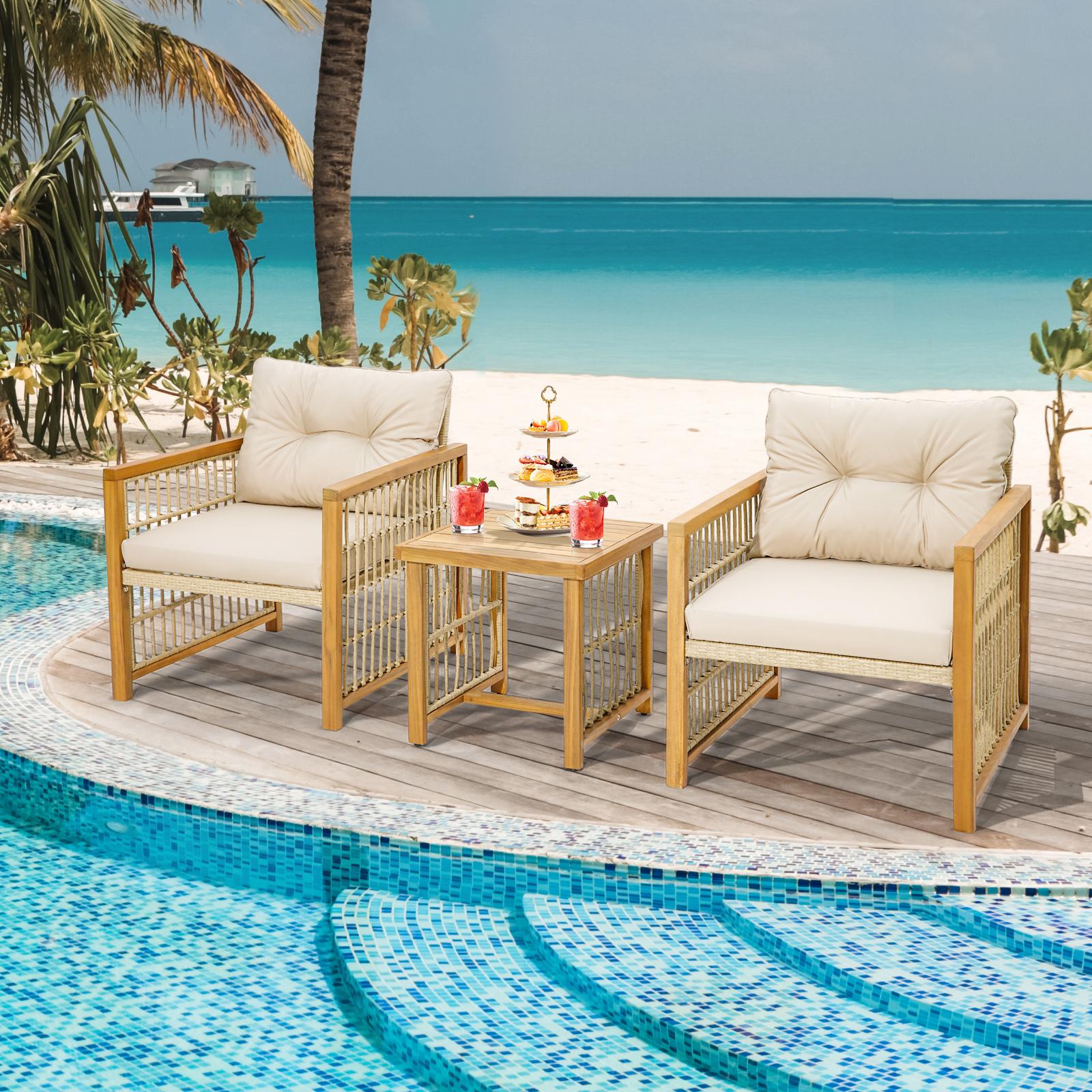 BABOOM BOM-70916BN-CO 3 -Piece Rattan Patio Conversation Set with Off-white Cushions