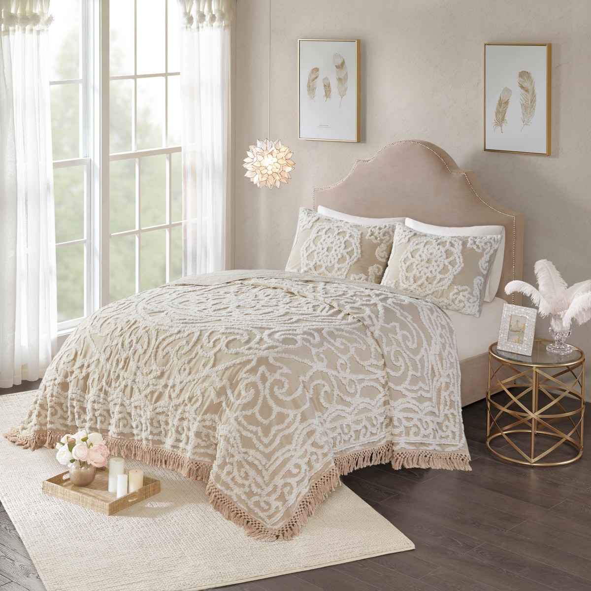 LUXEYARD Tufted Cotton Chenille Medallion Fringe Coverlet Mini Set Taupe Full/Queen