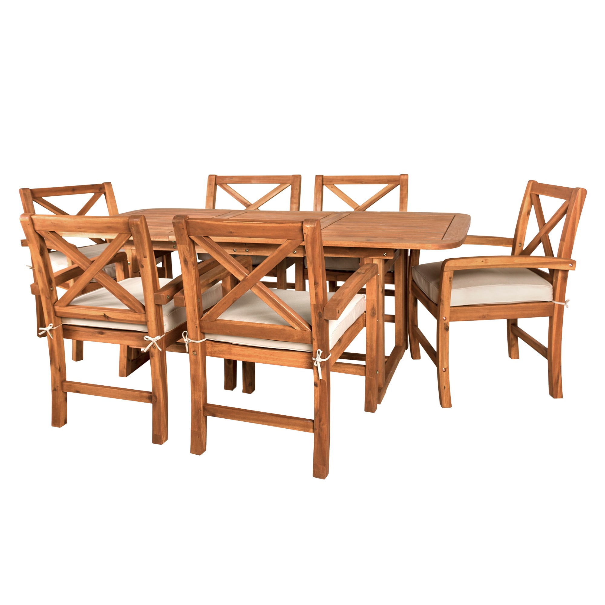 Walker Edison LWW7XBDBR 7 -Piece Brown Patio Dining Set Extendable Table Wood Rectangle Table with 6 Tan Cushions Stationary Chairs