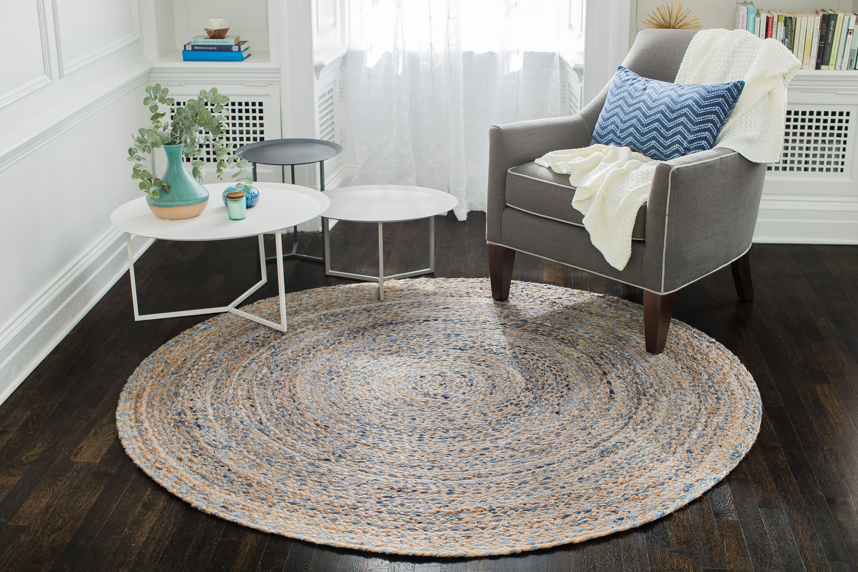 Anji Mountain 4 x 4 Tan, Gold, Blue Round Indoor Solid Farmhouse/Cottage Area  Rug in the Rugs department at