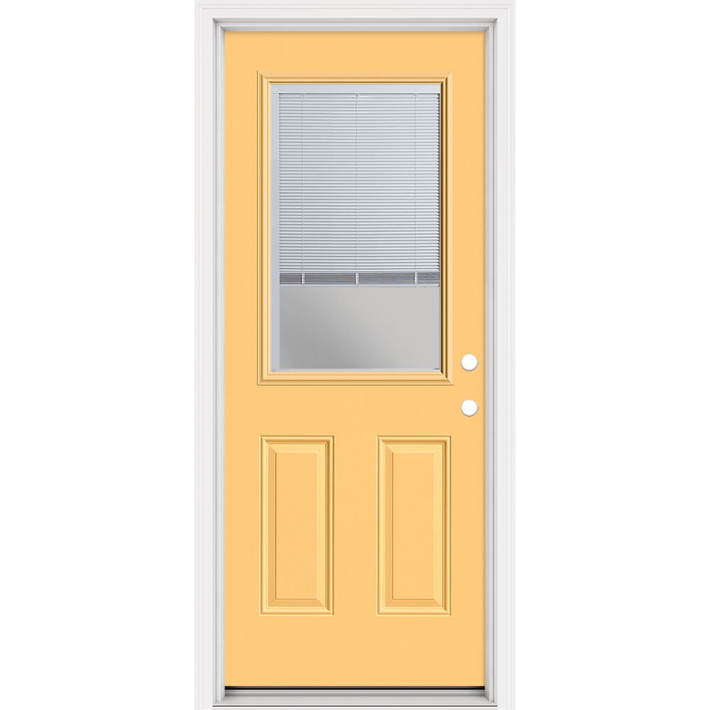 Masonite 321459 Steel Doors Series 32-in x 80-in x 4-9/16-in Steel Half lite Left-hand inswing Cabana Yellow Painted Prehung Front Door with Brickmould Insulating core
