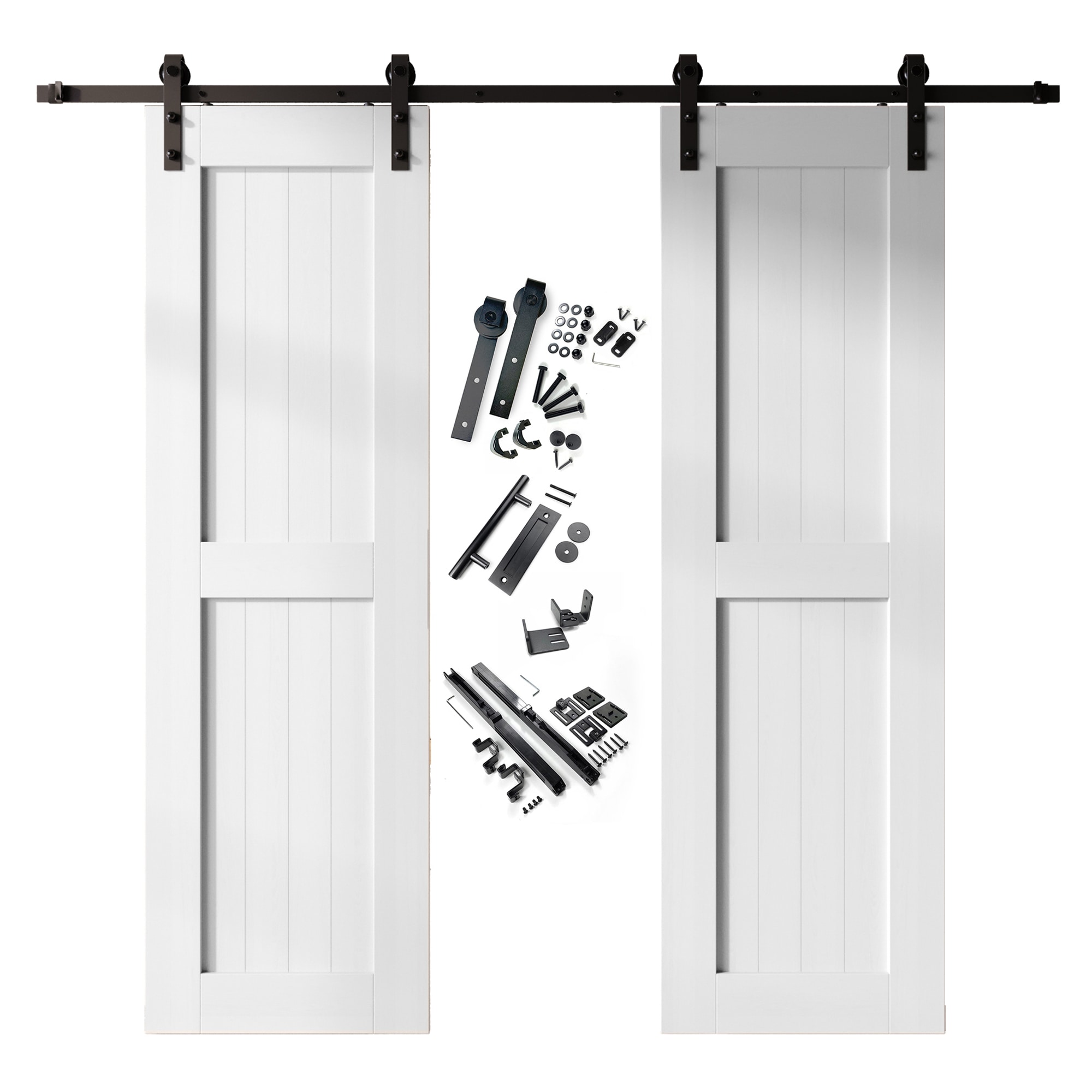 HOMACER YT2TGH108C-2684-H-WH 26-in x 84-in White Prefinished Mid-Bar Pine Wood Solid core Double Barn Door (Hardware Included)