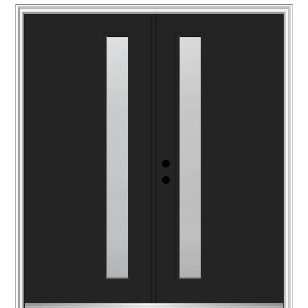 MMI DOOR ZZ349812R Spotlights 64-in x 80-in x 6-9/16-in Fiberglass Pulse lite Right-hand inswing Black Painted Prehung Double Front Door with Brickmould Insulating core