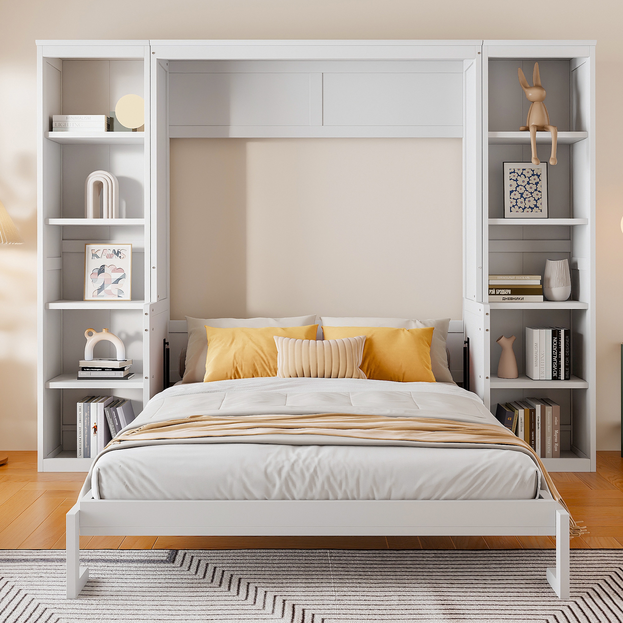 Bellemave Queen White Murphy Bed with Desk and Bookshelf