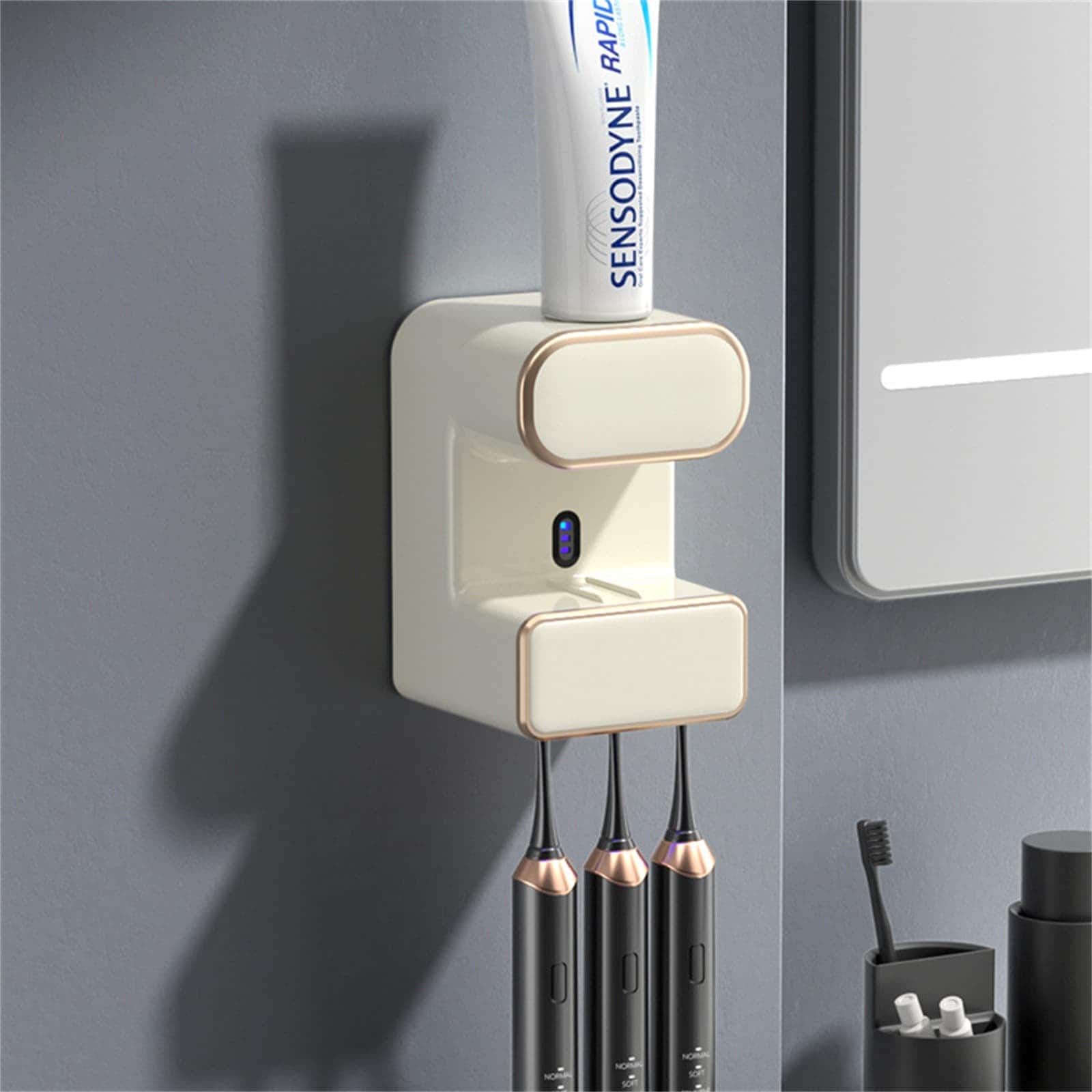 Qeetex NL-FQZDN-VUGGKG5A Toothpaste Dispenser with 3 Toothbrush Slots Intelligent Sensing Automatic Toothpaste Squeezer Wall Mounted Electric Toothpaste Dispenser for Bathroom Beige One Size