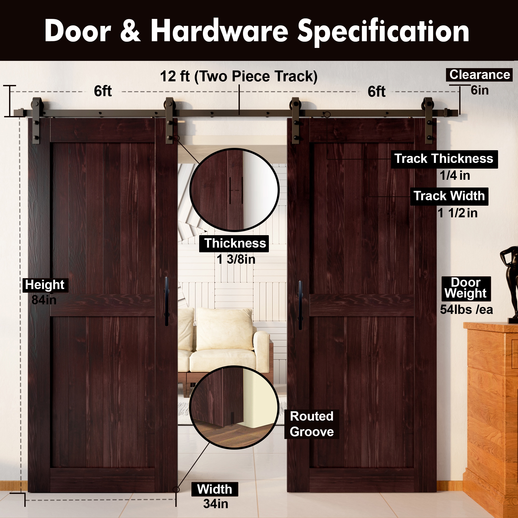 HOMACER YT2TGH144C-3484-H-RD Barn-Doors - View #7