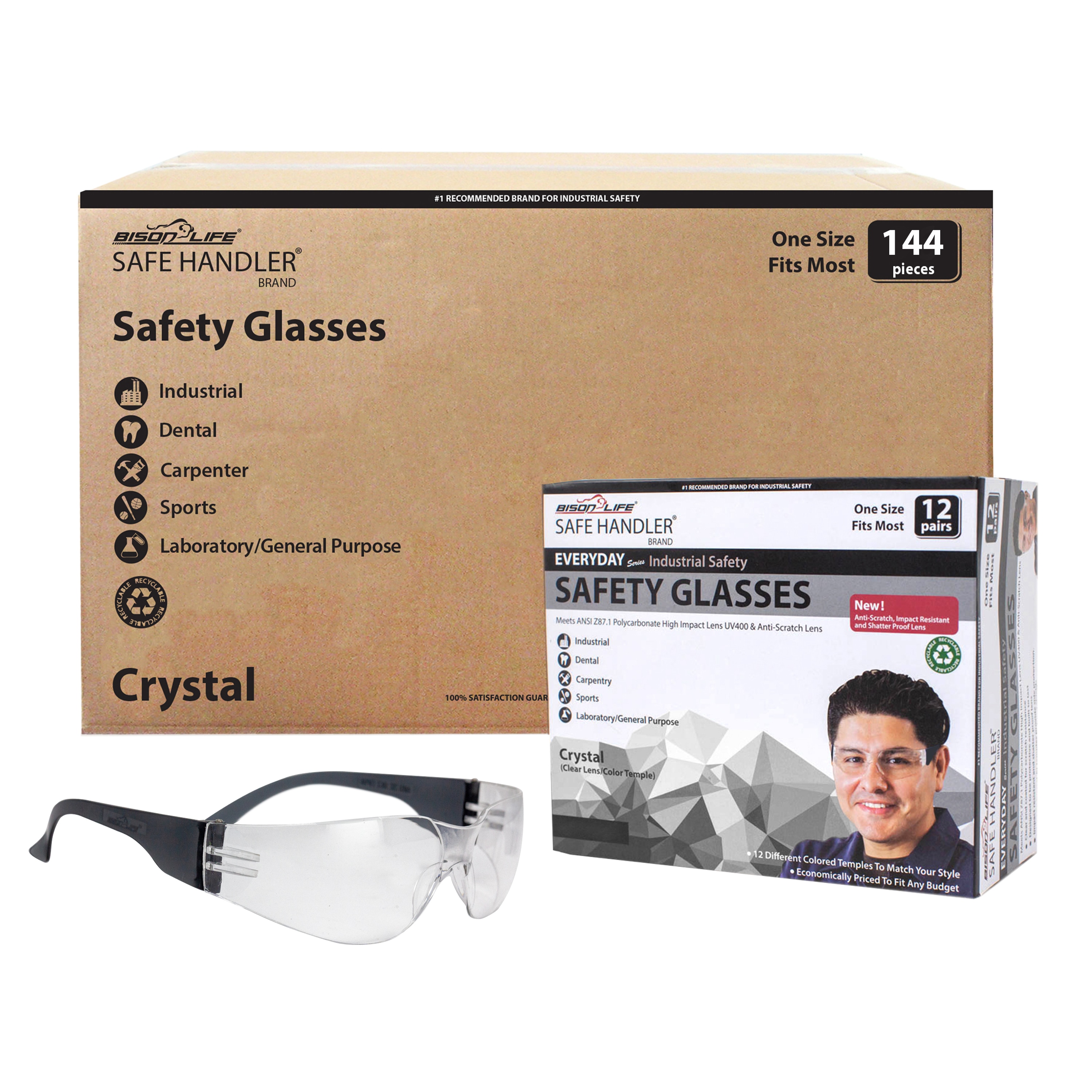 BISON LIFE SH-CR-CLLCT-SG9BK-CS 144-Pack, Crystal Black Temple Clear Lens Polycarbonate Safety glasses