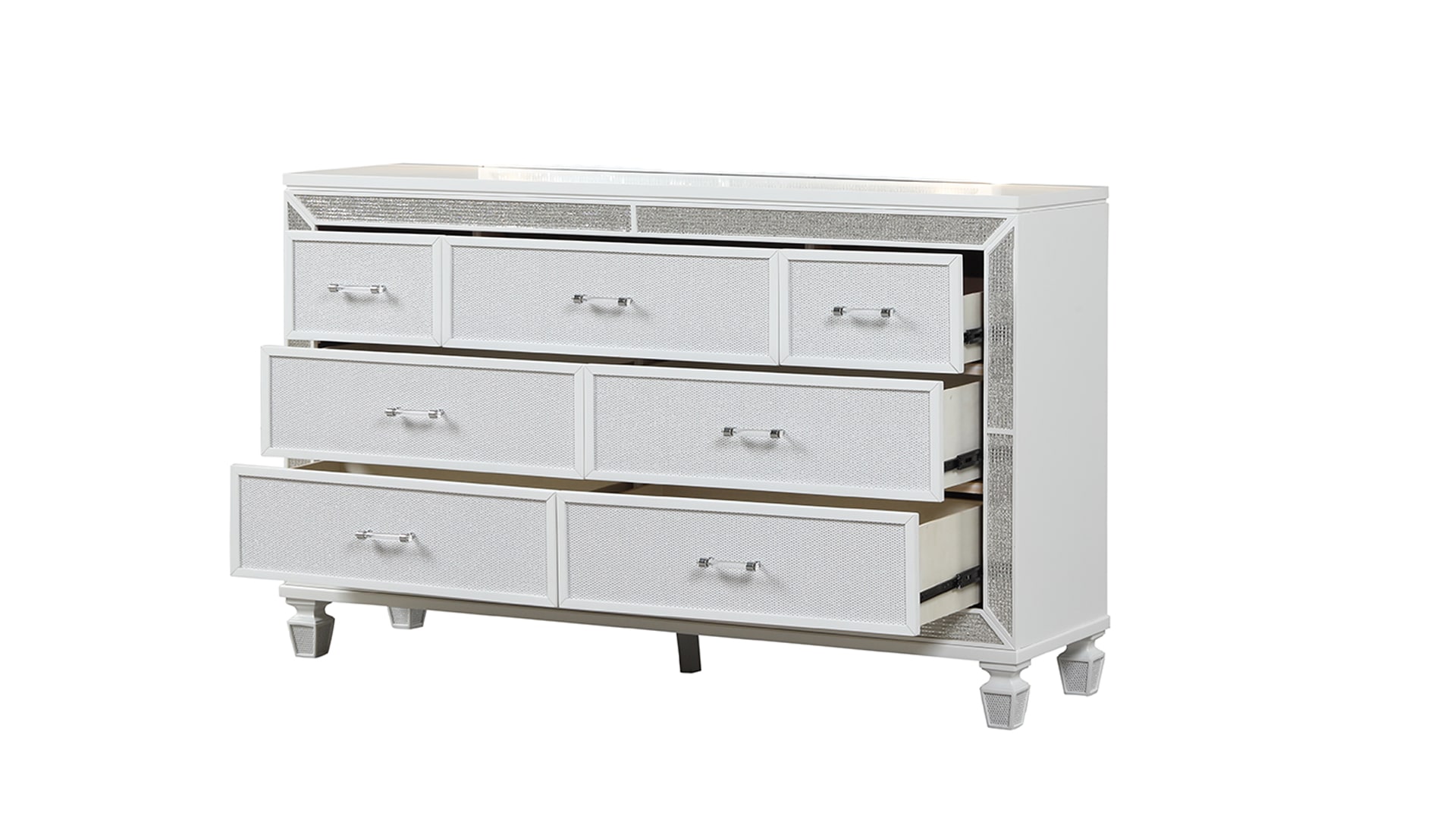 White Glam 7-Drawer Dresser with Mirror and Crystal Accents